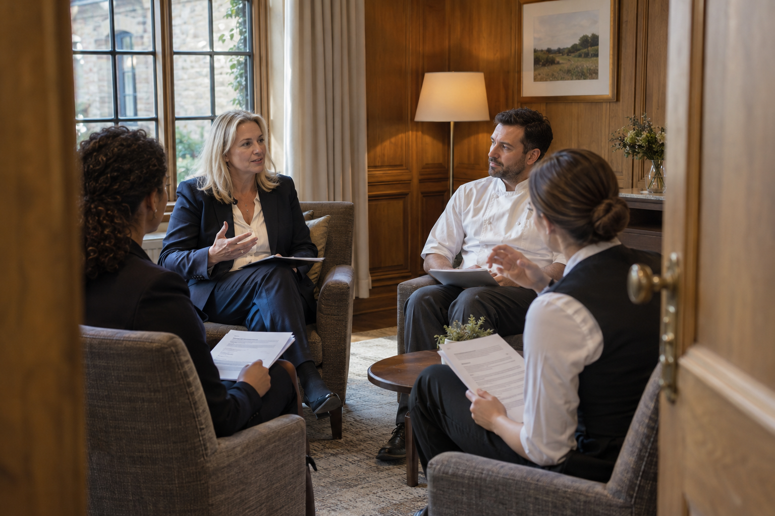 In a small hospitality company’s oak-paneled training room, an HR lead discusses absence reporting with three frontline managers seated in well-made upholstered