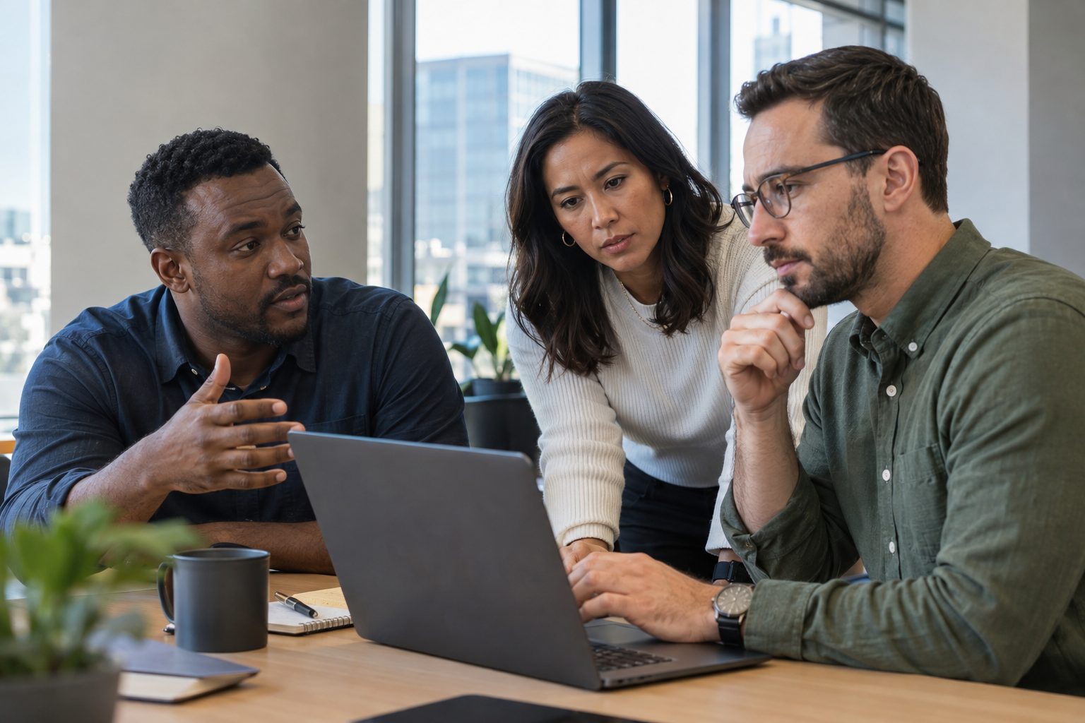 Three operations managers evaluate an AI-assisted process together, with one using a laptop while another raises a concern.