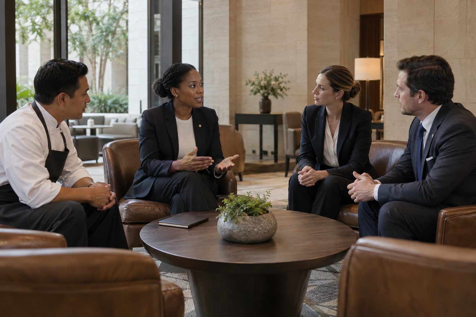 In a contemporary hotel’s oak-paneled operations lounge, a Black general manager gives a concise morning briefing to three department leads before service, thei