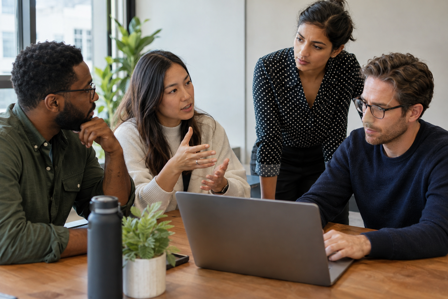 An AI delivery team discusses release readiness as an engineer uses a laptop and a governance lead raises a concern.