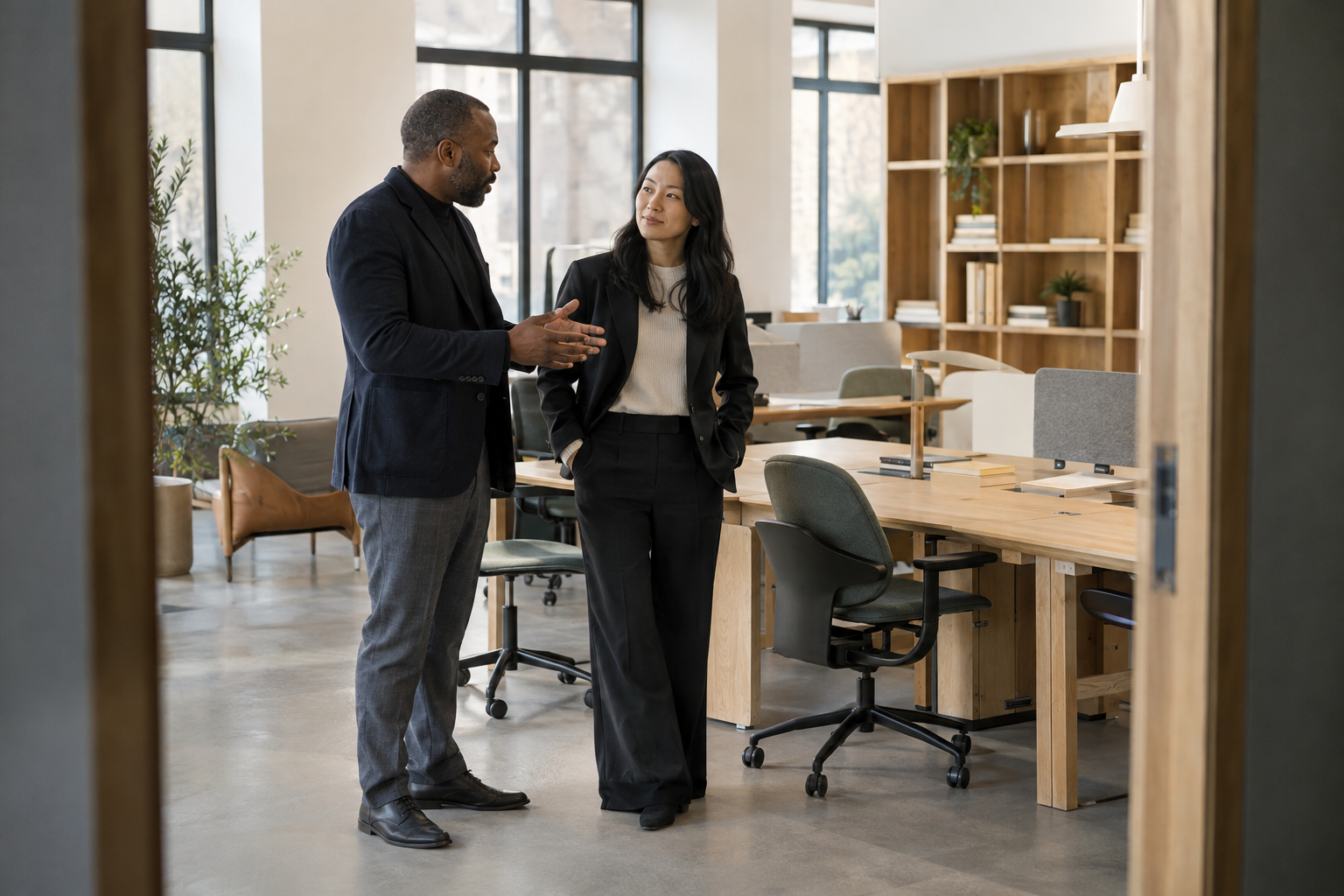 Inside a growing engineering firm’s newly occupied studio, a Black managing director and an East Asian team lead pause beside an unoccupied cluster of worktable