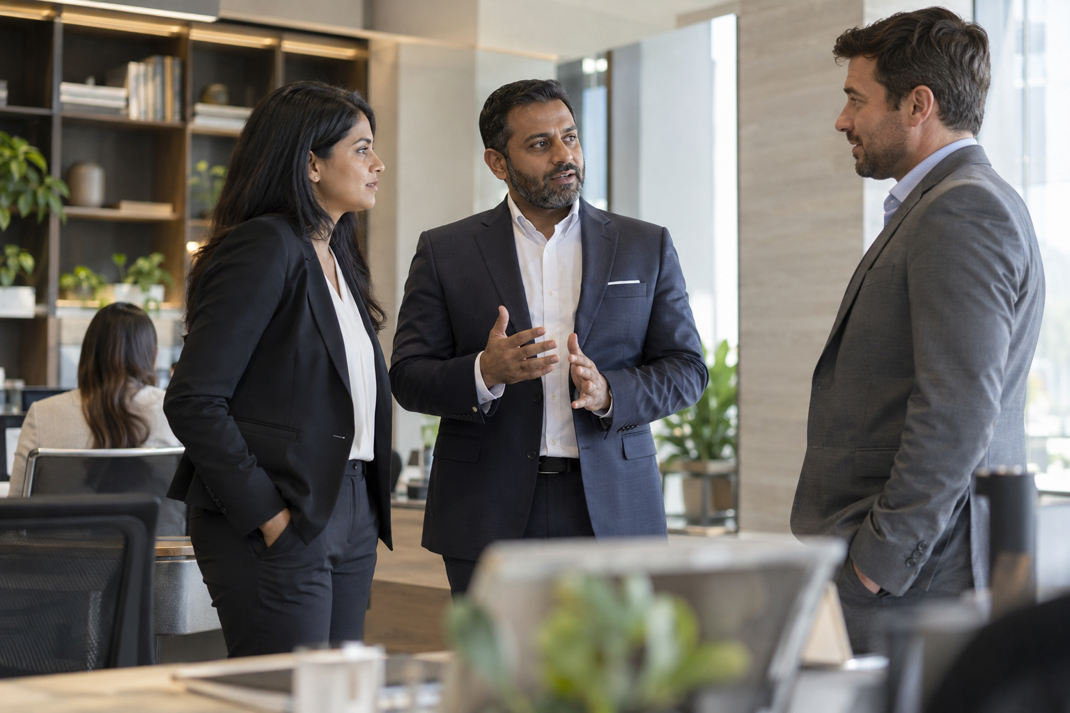 Inside a regional engineering consultancy’s light-filled office, a South Asian managing partner and two project leaders pause beside a working team’s shared des