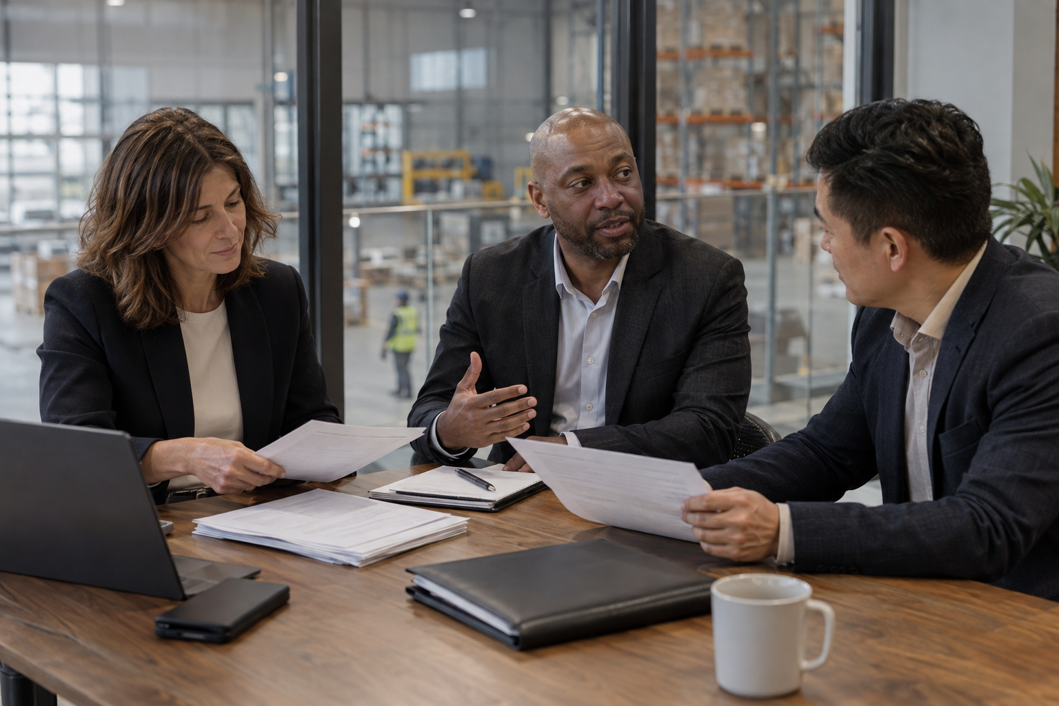 At a regional distribution center’s mezzanine meeting table, three diverse department heads in tailored business attire reconcile responsibilities after a leade