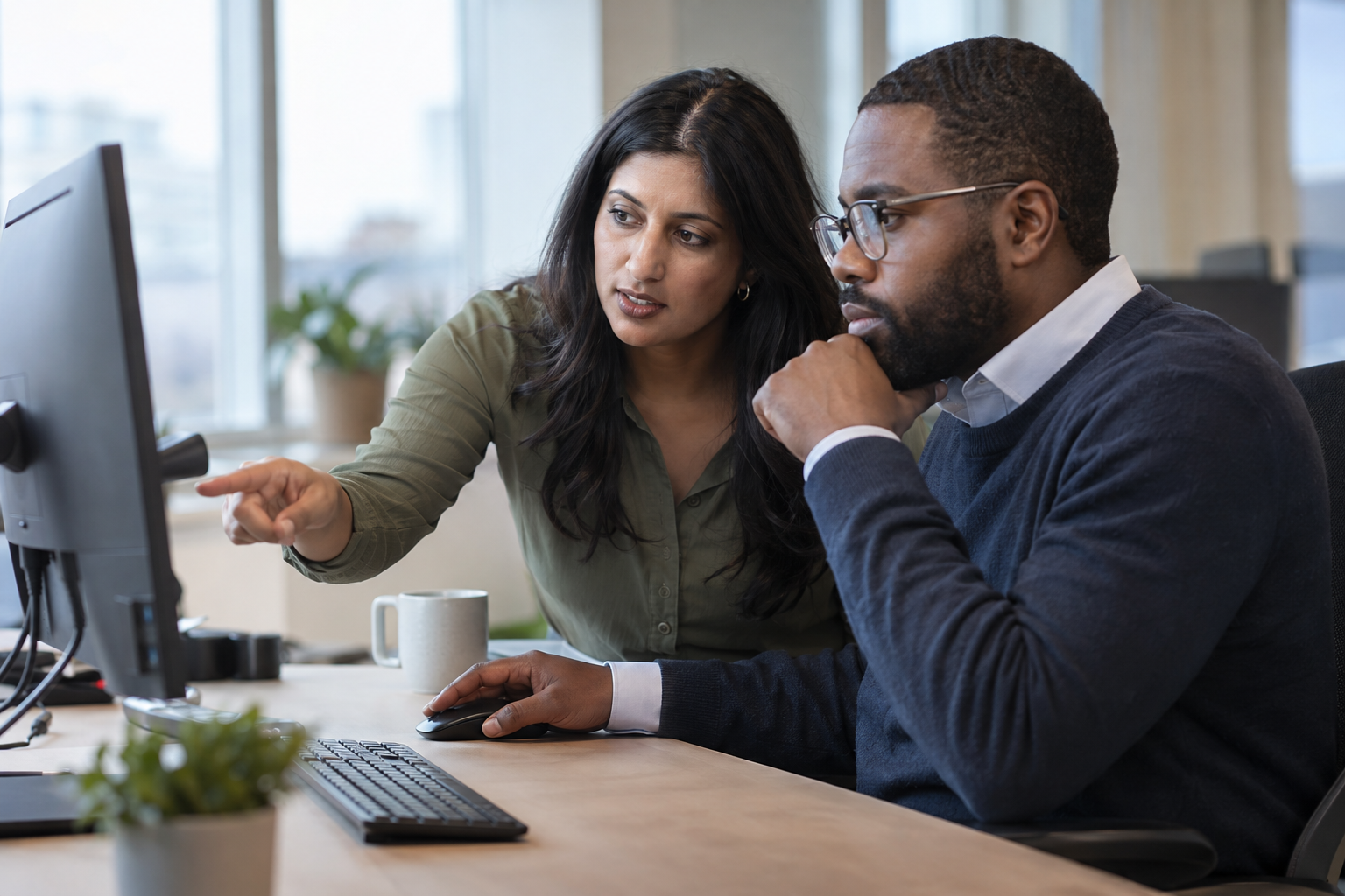 A department manager and finance lead review a digital purchase request together at a shared workstation.