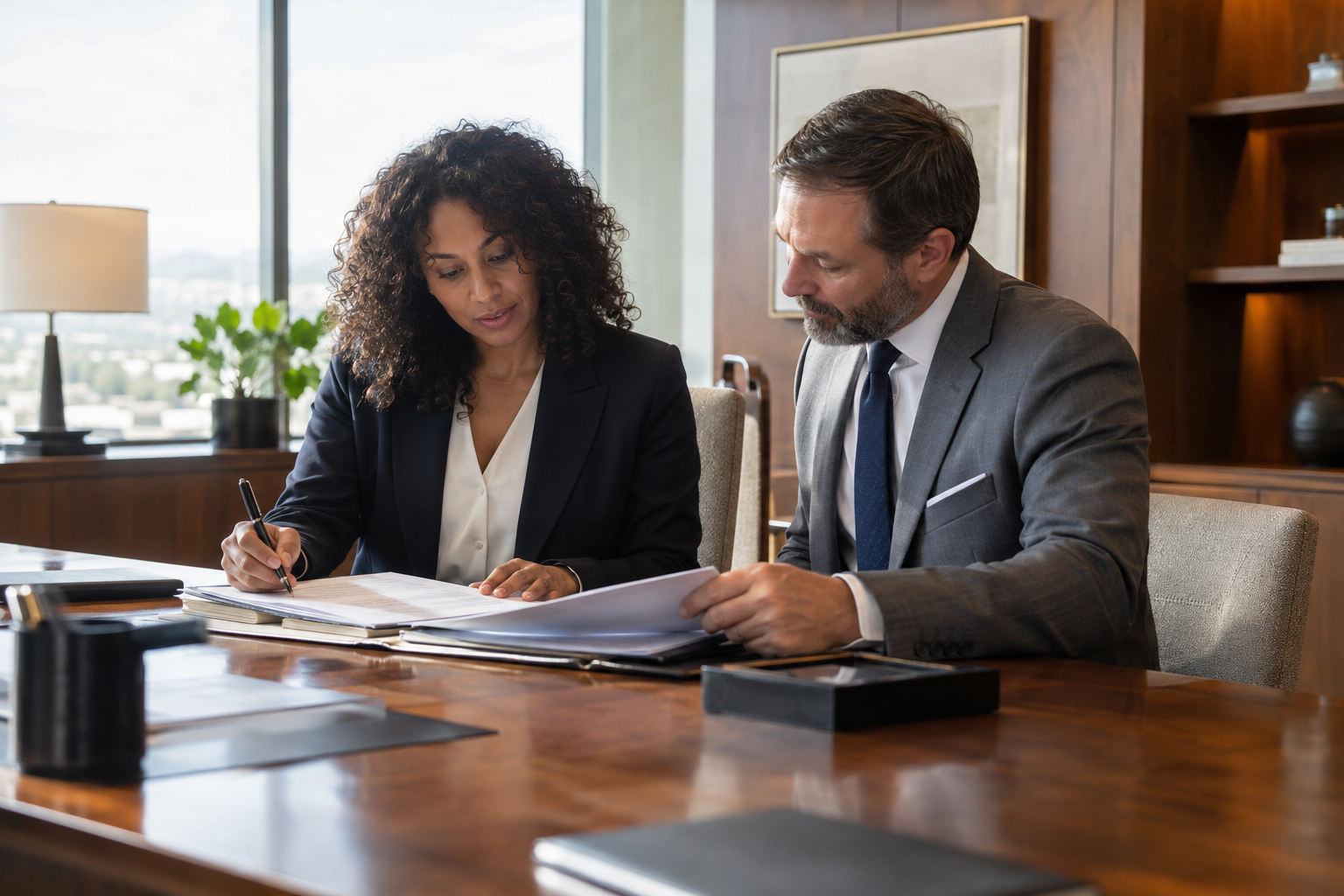 In a regional bank’s quiet executive office, an HR manager and a department head reconcile staffing records, comparing two modest paper files and marking a corr
