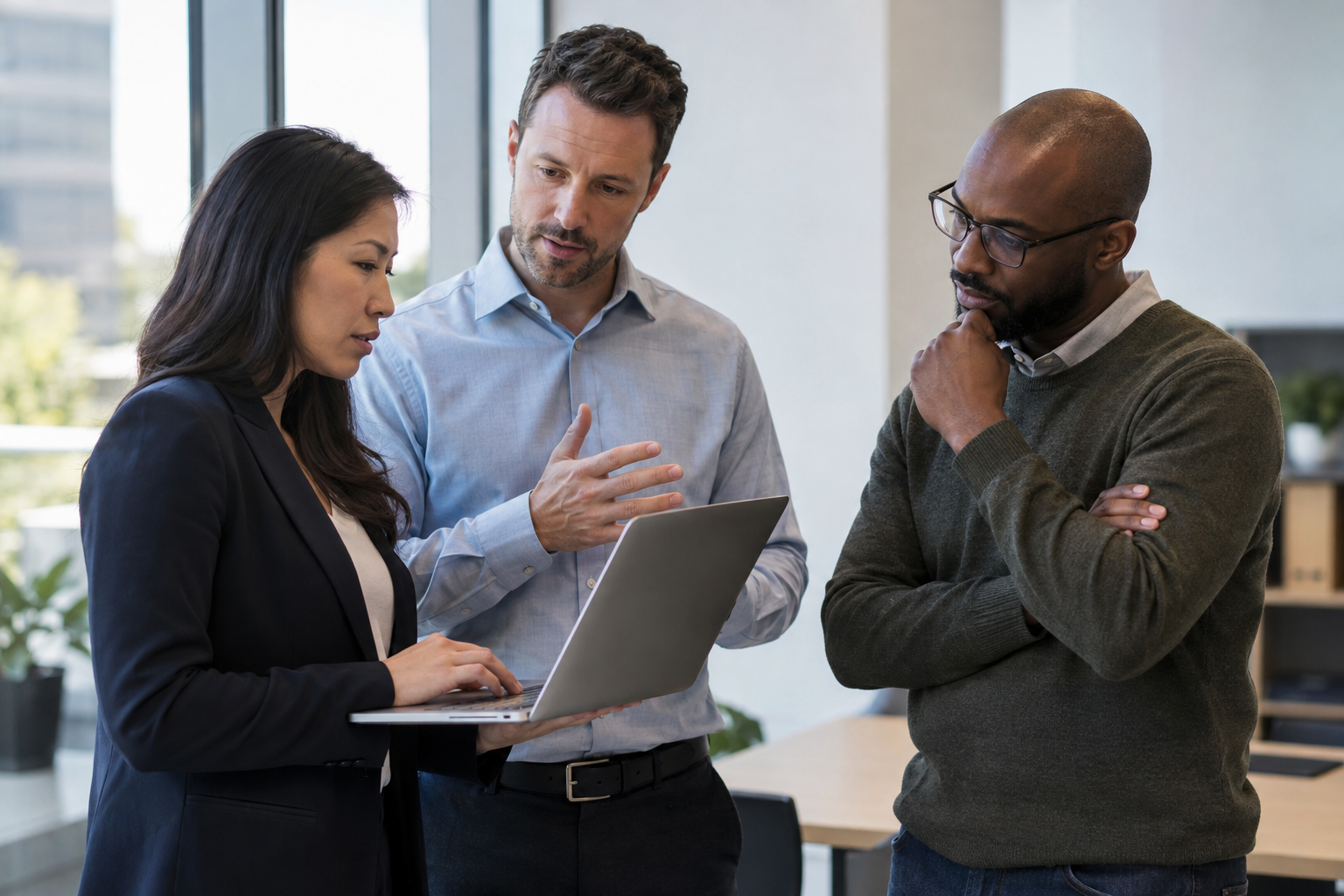 HR systems director, security specialist and department head evaluate approval-routing software together on a laptop.