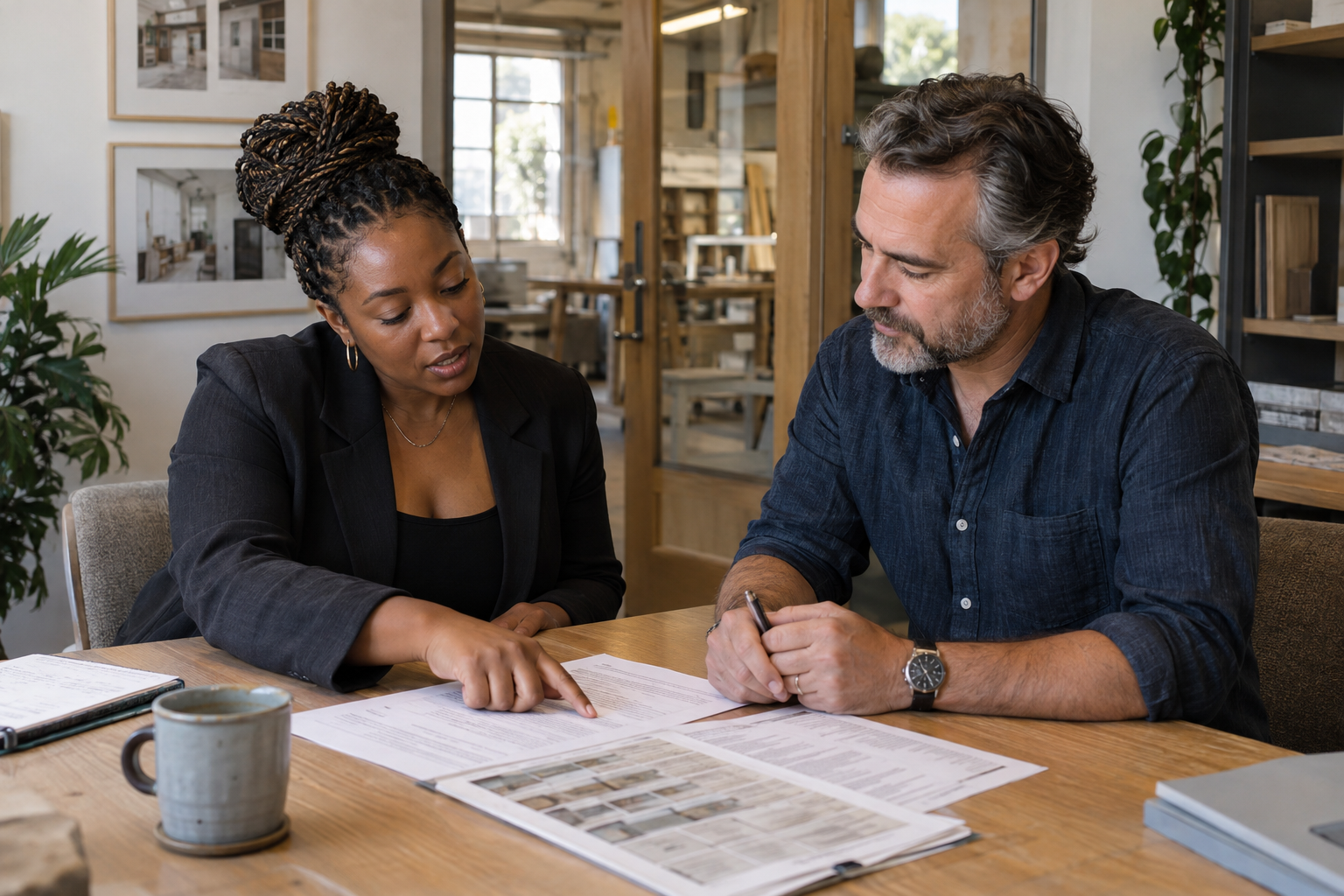 Inside a small design-build firm’s meeting alcove, a Black woman owner and a middle-aged male operations manager review attendance guidelines beside a printed w