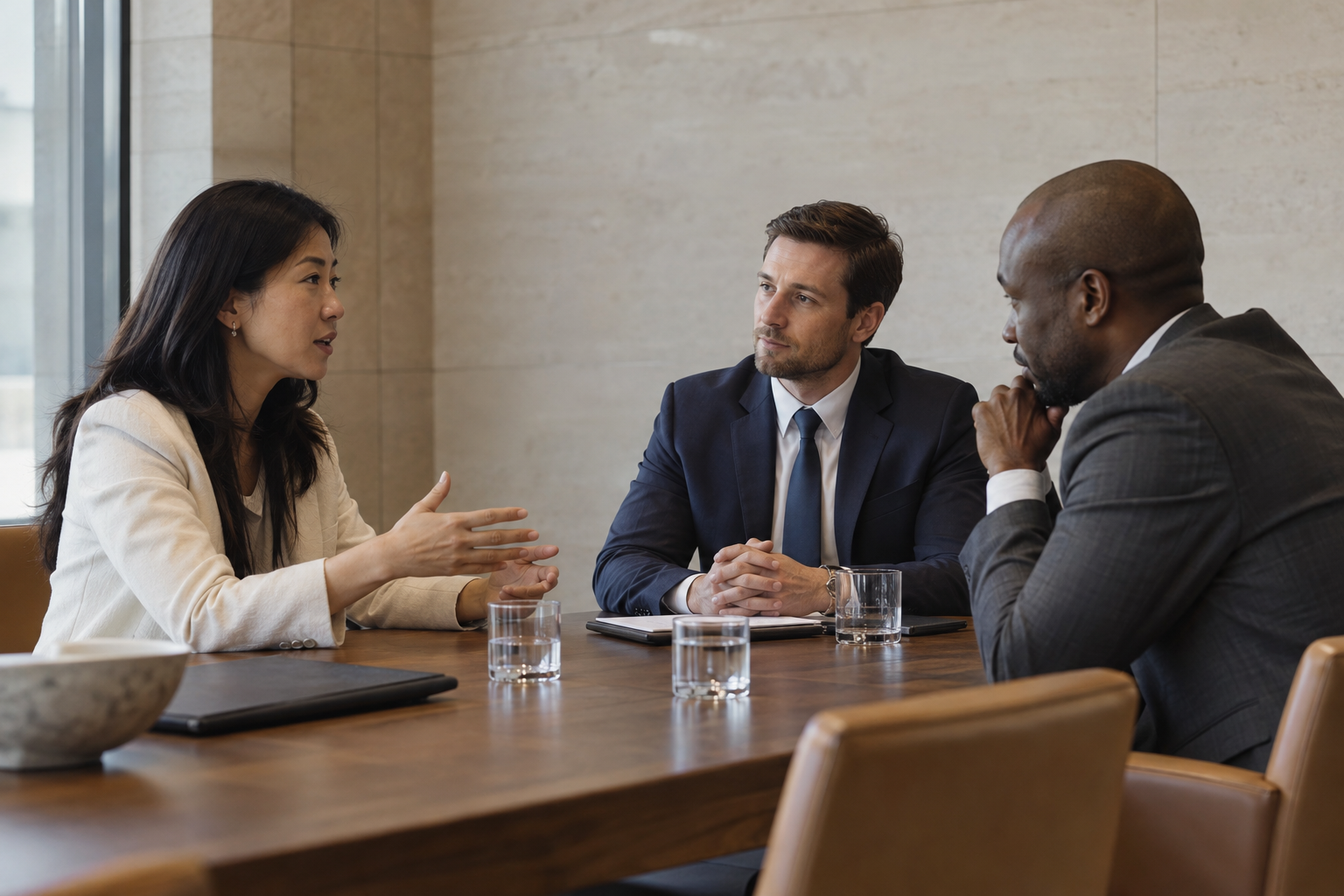 In a regional headquarters’ limestone-lined meeting room, an Asian woman operations director and two department heads clarify a colleague’s management handover 