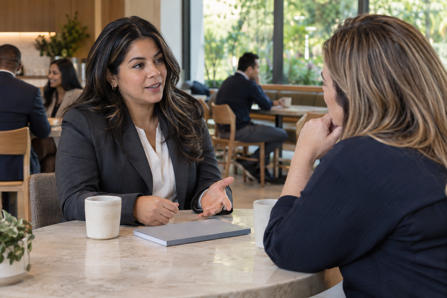 At a contemporary company’s garden-facing employee café, a Latina benefits adviser in a tailored charcoal suit answers a colleague’s question during an informal