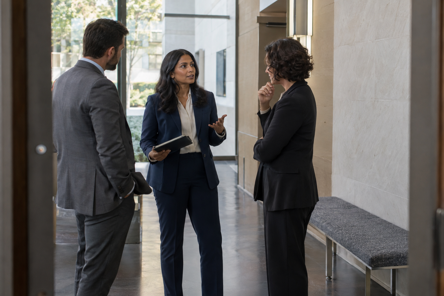 Inside a contemporary performing arts center’s quiet administrative corridor, a South Asian communications director in a tailored navy suit briefs two departmen