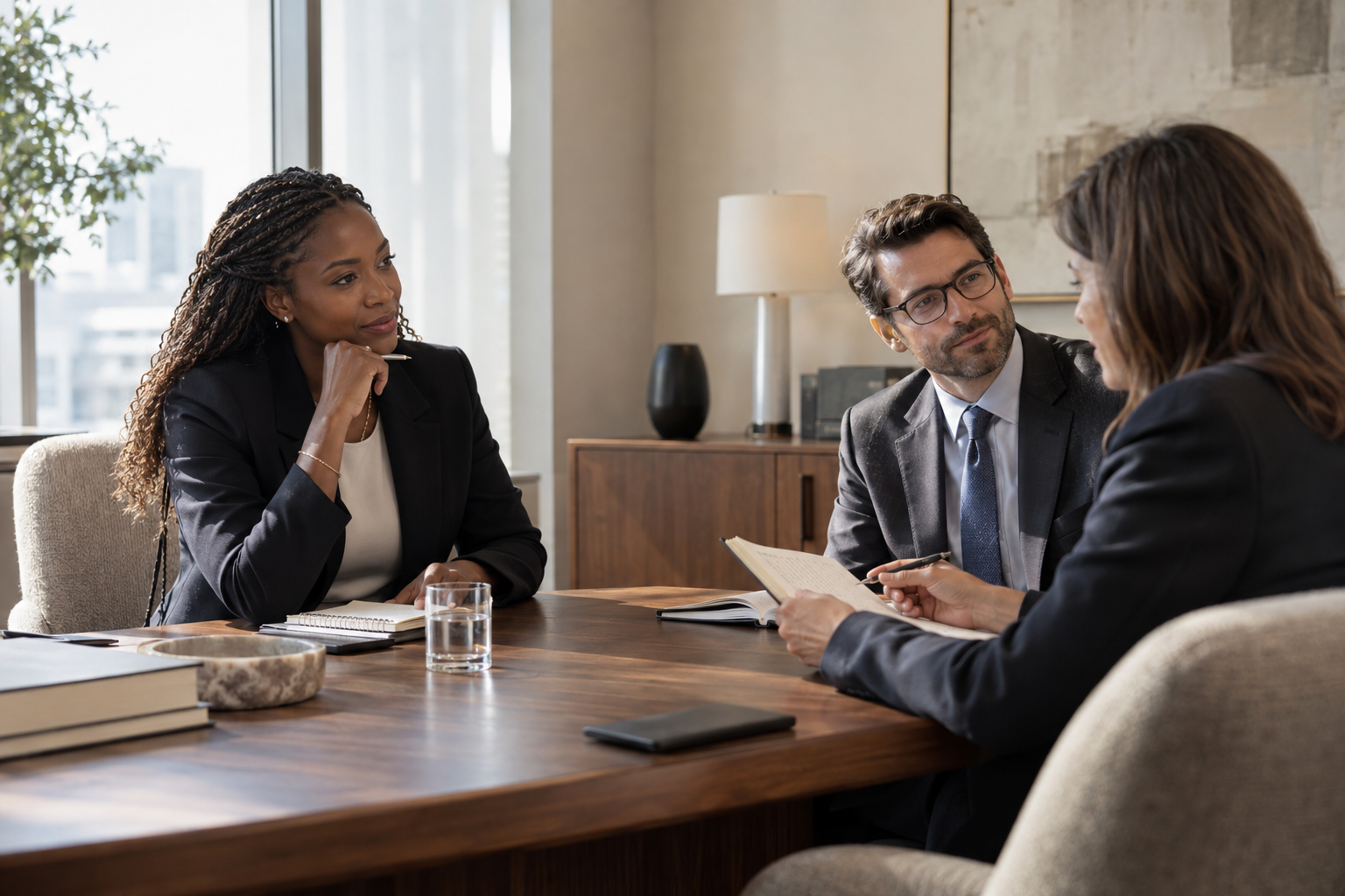 In a contemporary law firm’s sunlit interview suite, a Black female hiring lead and two colleagues in tailored suits quietly compare handwritten notes after a c