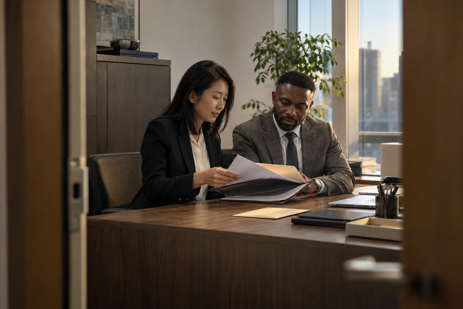 In a contemporary company’s quiet office, an East Asian HR director and a Black department manager review a departing colleague’s orderly handover folder beside