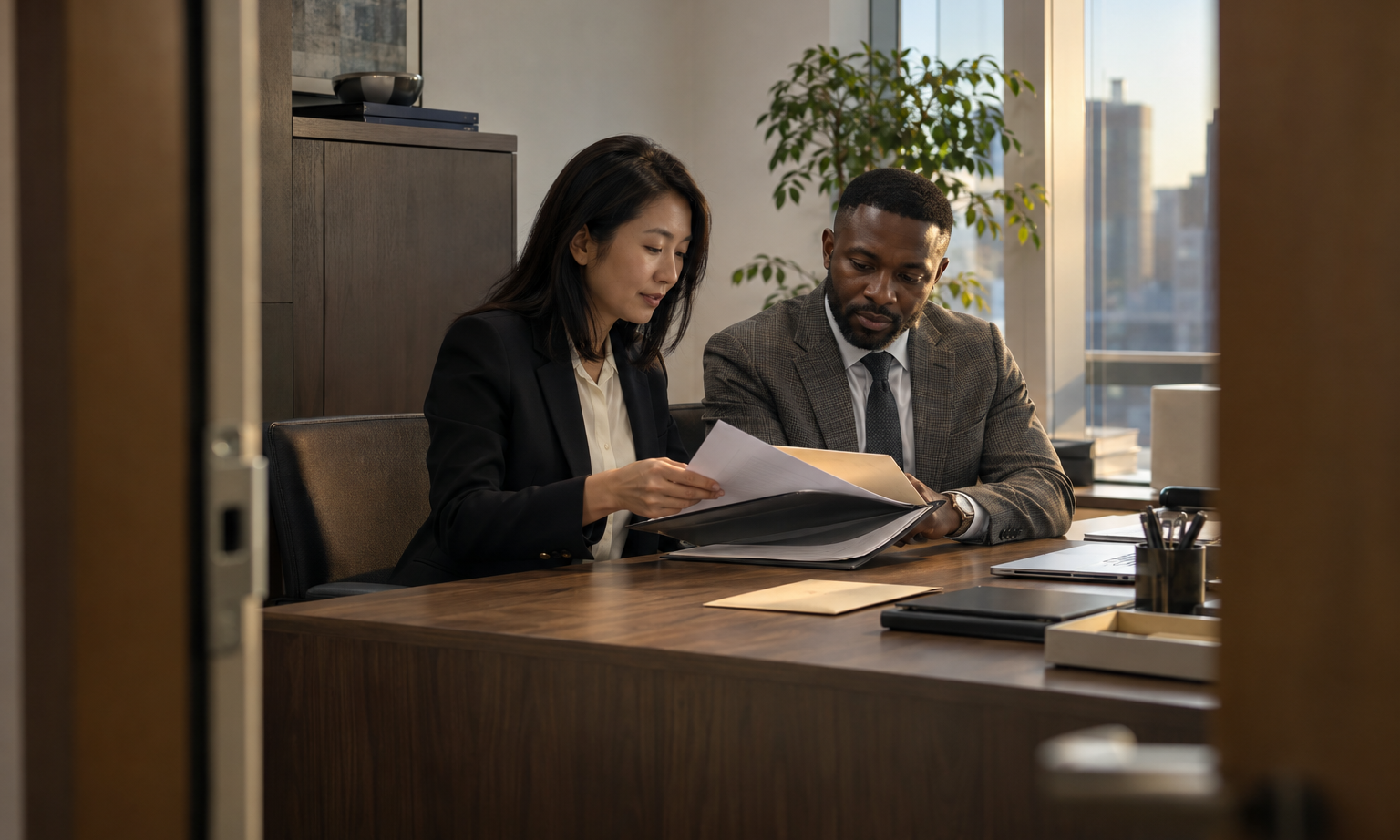 In a contemporary company’s quiet office, an East Asian HR director and a Black department manager review a departing colleague’s orderly handover folder beside