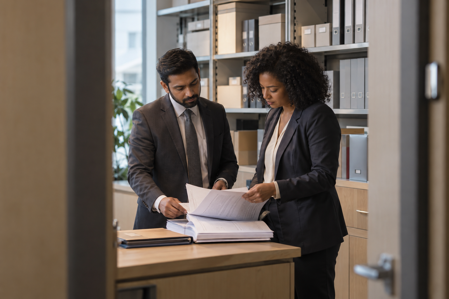 In a contemporary insurance headquarters’ records room, a South Asian operations manager and a Black quality reviewer compare a completed claim packet with its 