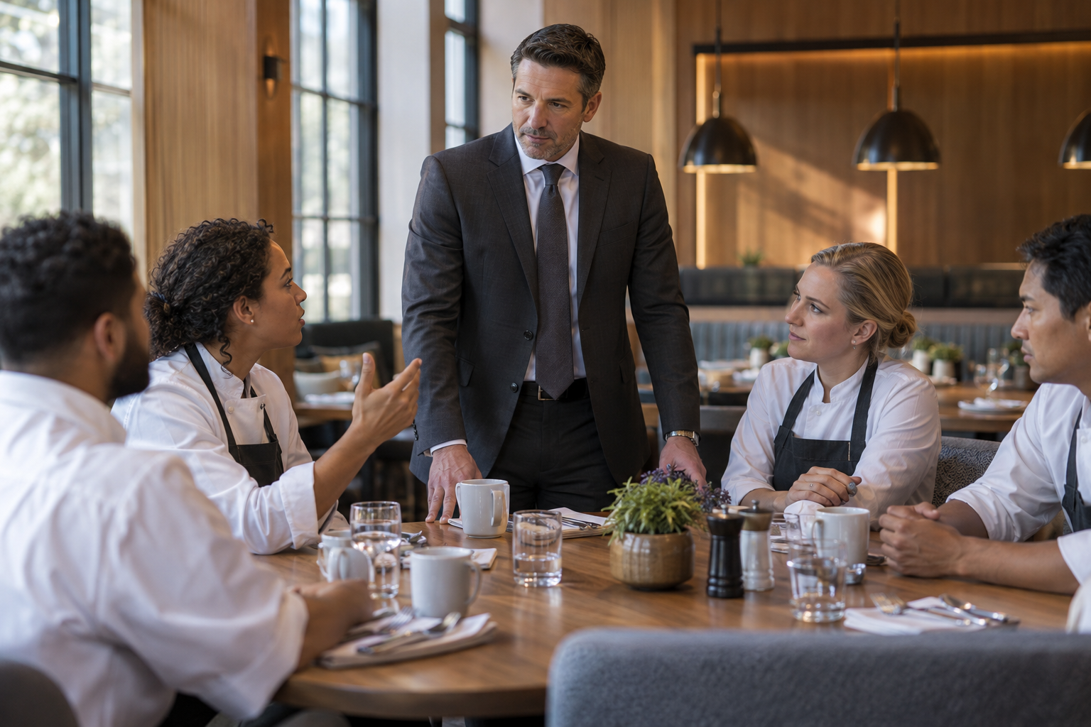 Inside a contemporary food company’s oak-paneled staff dining room before opening, a department manager in a tailored charcoal suit listens as a seated colleagu
