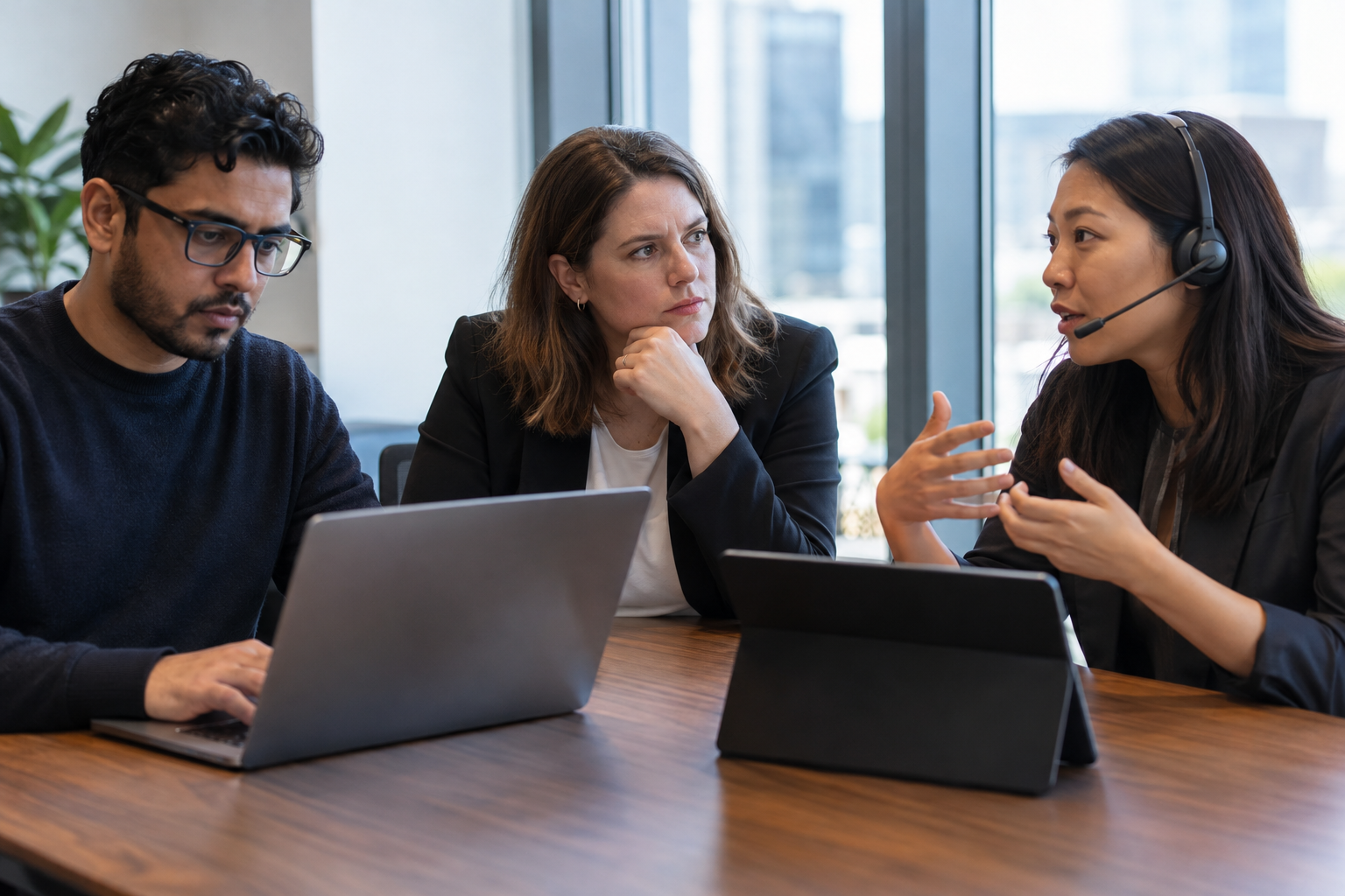An AI incident-response team coordinates recovery, with a responder at a laptop and a communications colleague on a headset.