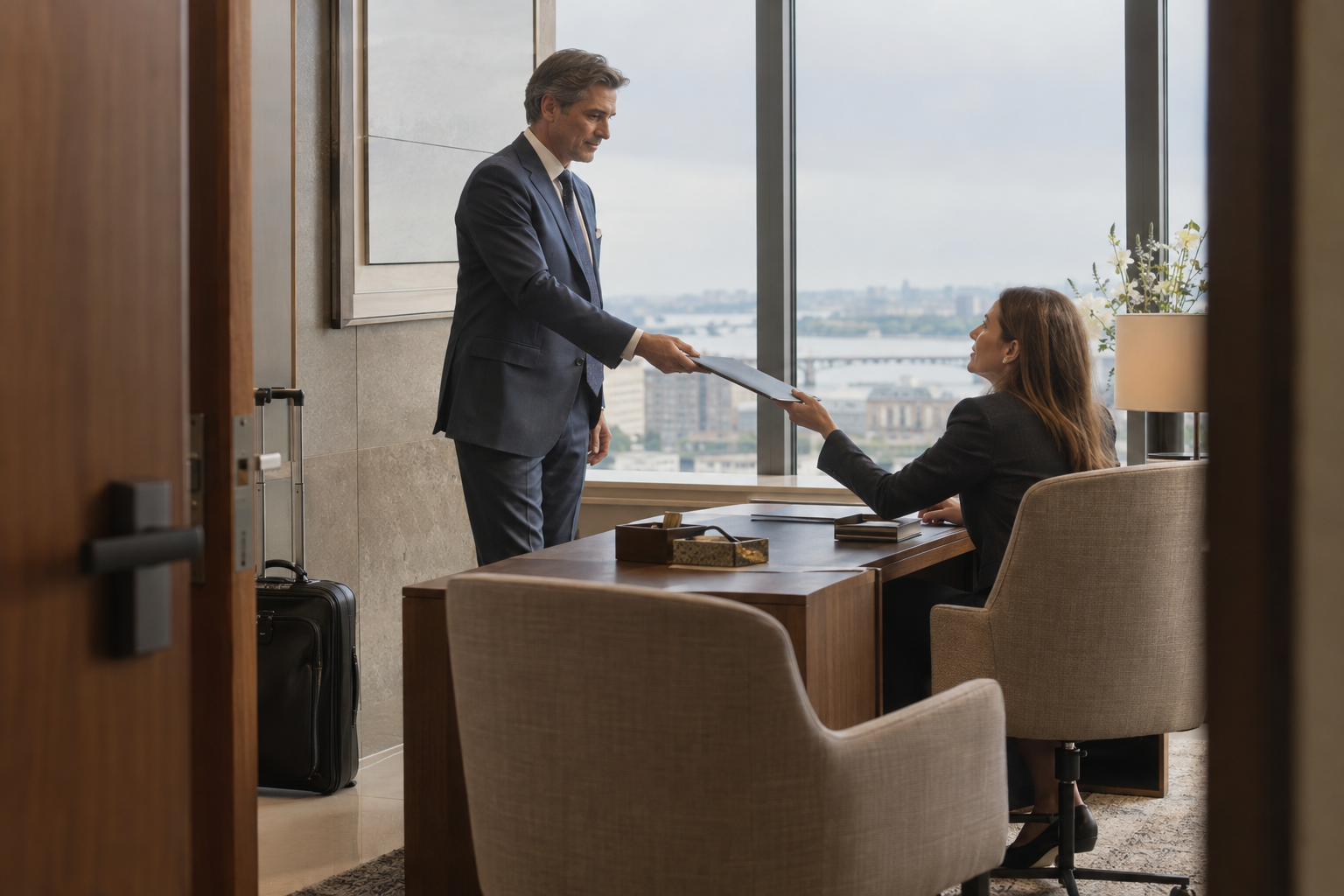 In a regional investment firm’s quiet corner office, a departing director in a tailored navy suit hands a slim document folder to a seated colleague during a br