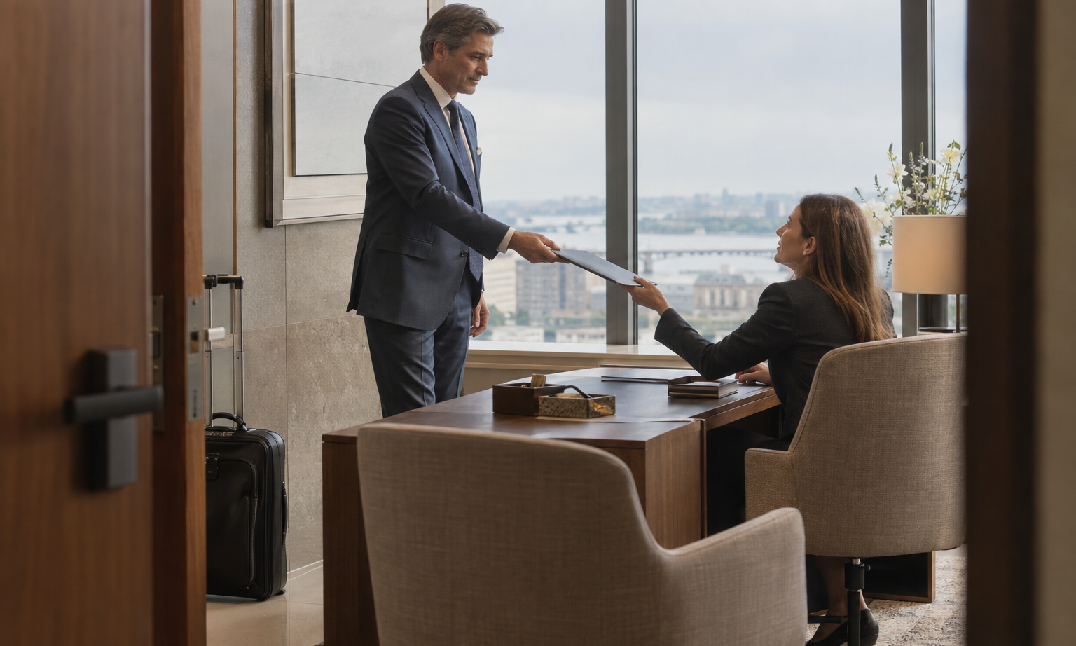 In a regional investment firm’s quiet corner office, a departing director in a tailored navy suit hands a slim document folder to a seated colleague during a br