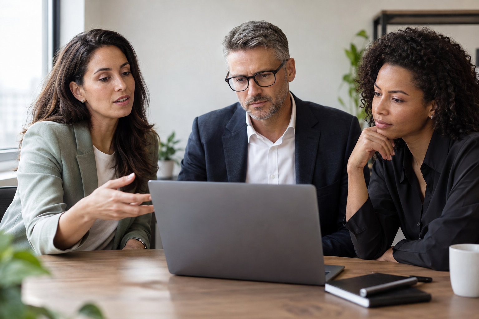 Governance, HR and finance colleagues compare software requirements for multiple legal entities while working together at a laptop.