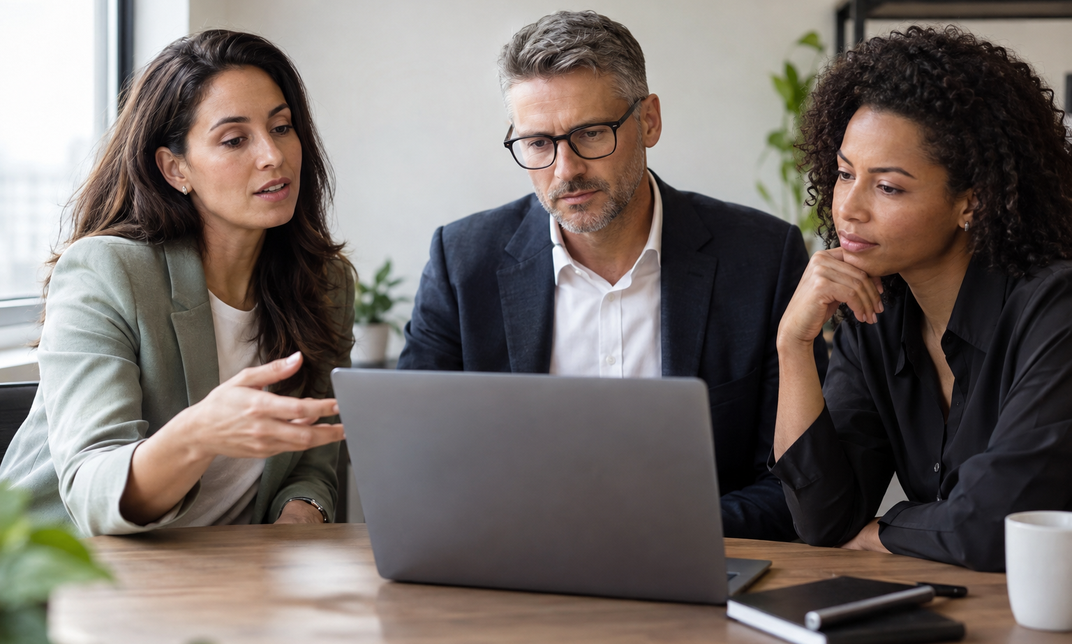 Governance, HR and finance colleagues compare software requirements for multiple legal entities while working together at a laptop.