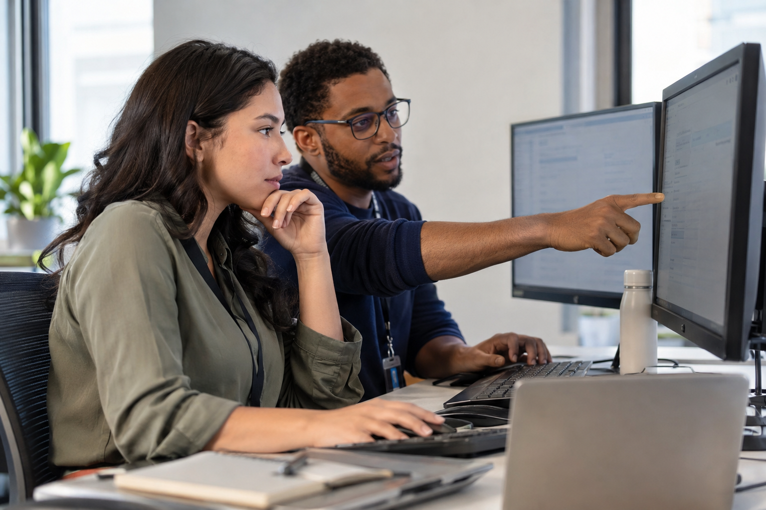 A quality analyst and operations specialist verify an AI agent’s completed back-office test case at desktop monitors.