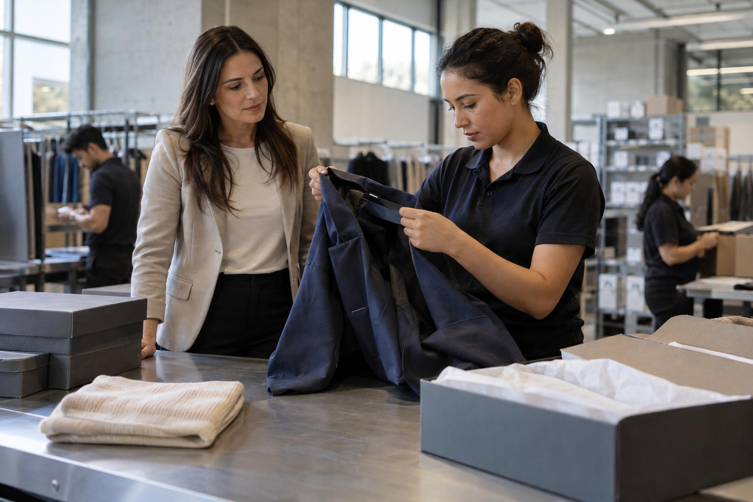 At a premium apparel distributor’s orderly returns station, a woman operations lead in tailored separates observes a colleague checking a returned jacket, pausi