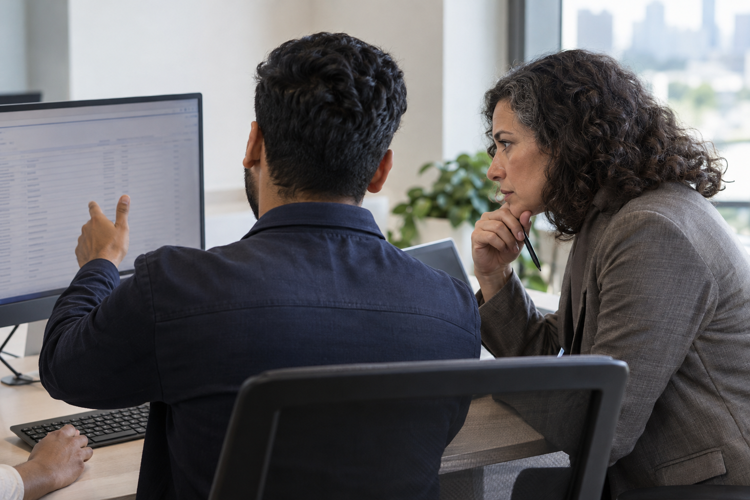 An internal auditor and AI operations engineer examine a digital audit record to trace an AI agent’s action and human authorization.
