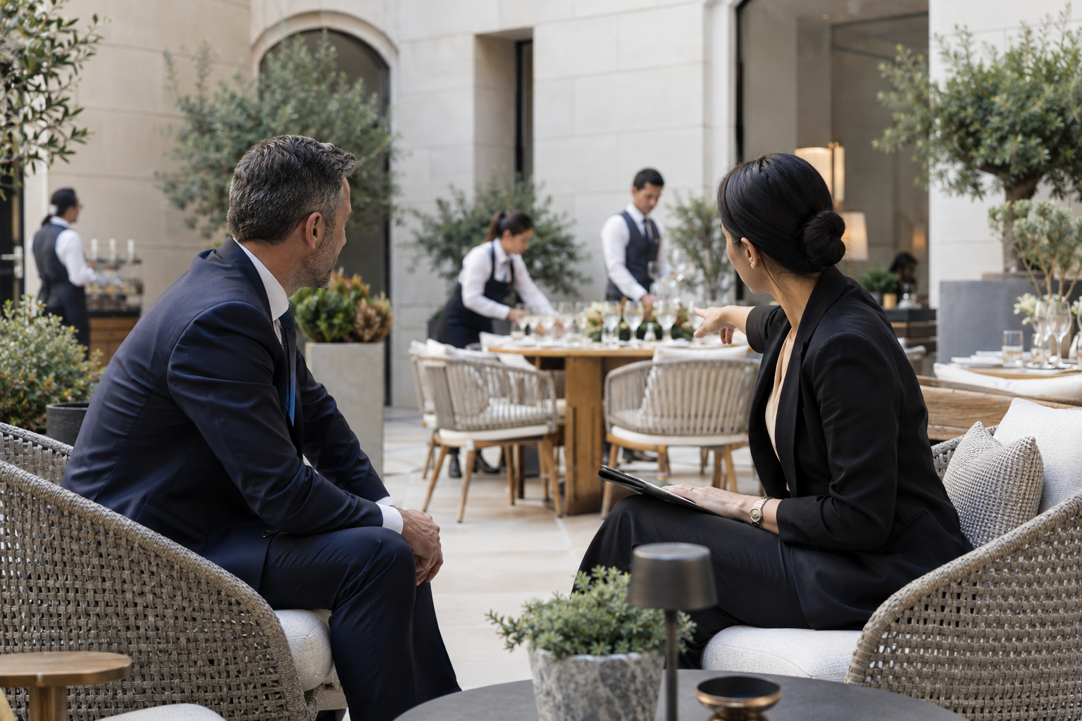 On a contemporary hotel’s sheltered courtyard terrace, a regional director and the local general manager, in tailored business attire, confer while observing st