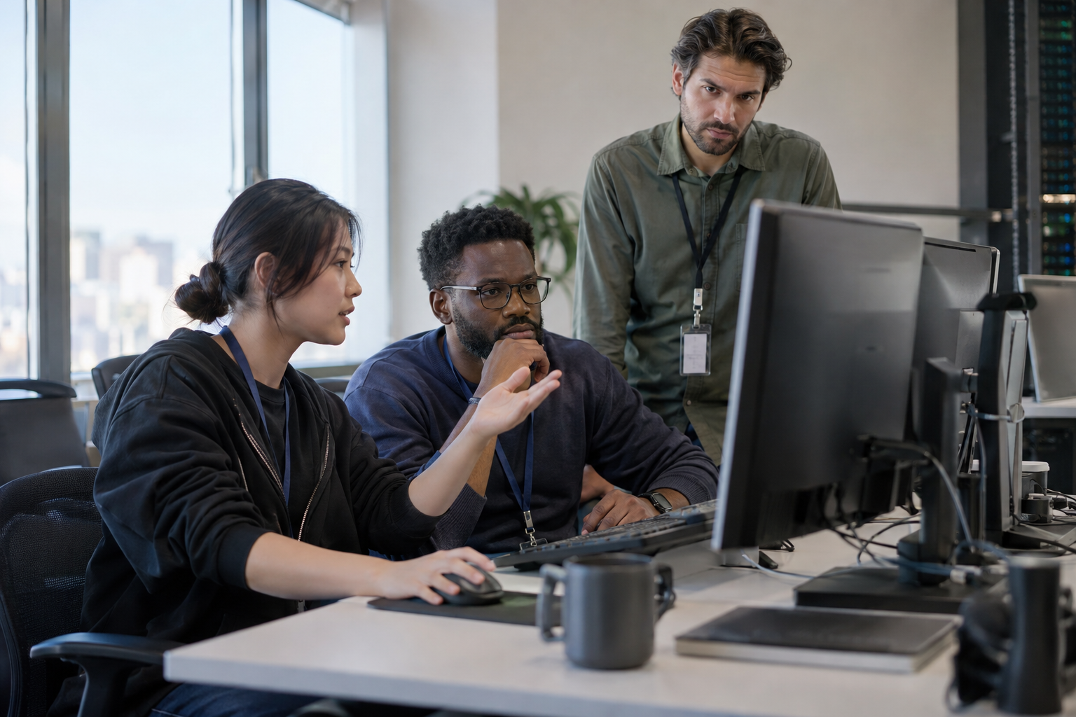 An AI operations engineer pauses a workflow while a recovery specialist checks rollback and an incident lead listens.