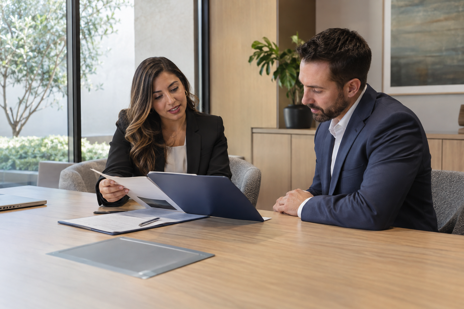 Inside a contemporary company’s quietly appointed onboarding room, a Latina HR coordinator and a newly hired male executive check the contents of an employee we