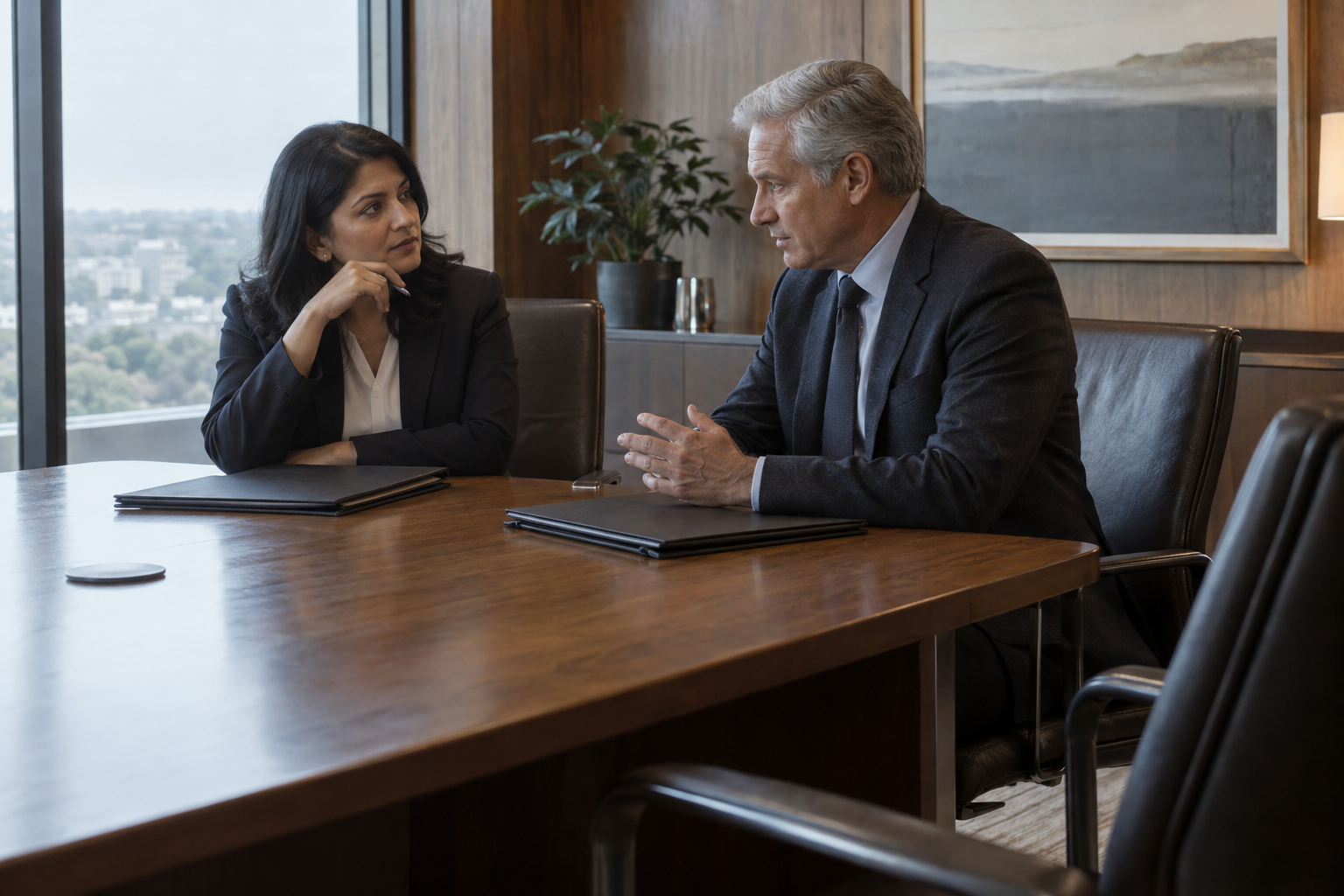 Inside a contemporary engineering firm’s oak-paneled meeting room, a South Asian hiring manager and a silver-haired department head confer quietly after an inte
