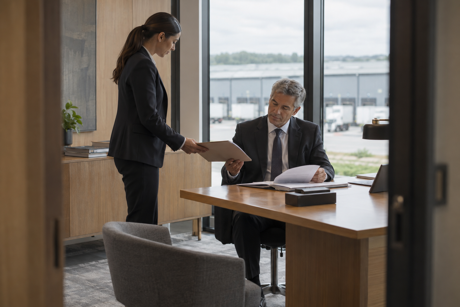 Inside a contemporary logistics headquarters overlooking loading bays, a dispatch supervisor brings a single document folder to a senior operations director for