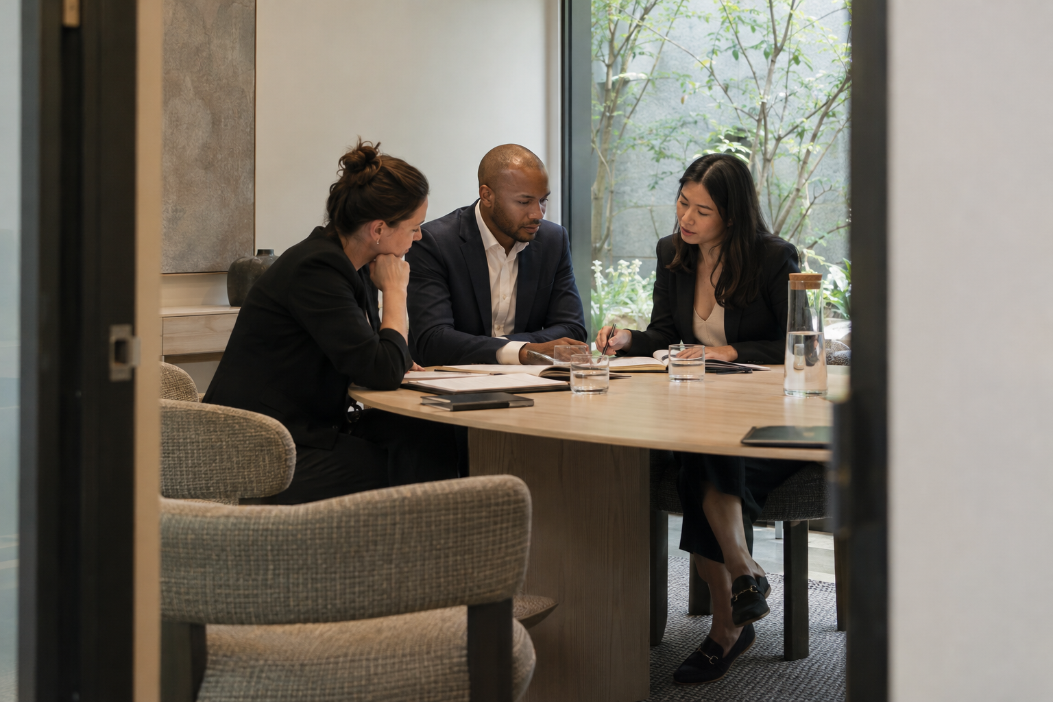 In an architecture practice’s intimate meeting room, three diverse hiring panelists in tailored business attire compare separate interview notes around an oval 