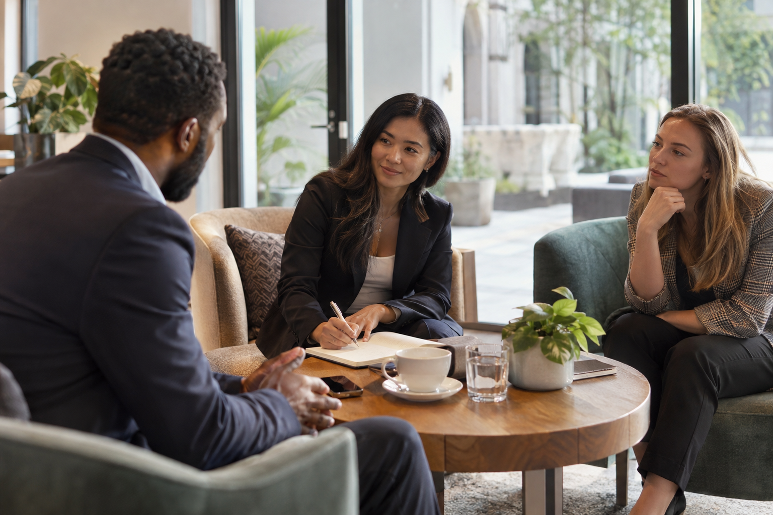 In a refined coworking lounge during a remote team’s occasional gathering, three diverse colleagues in tailored business separates settle next steps around a sm