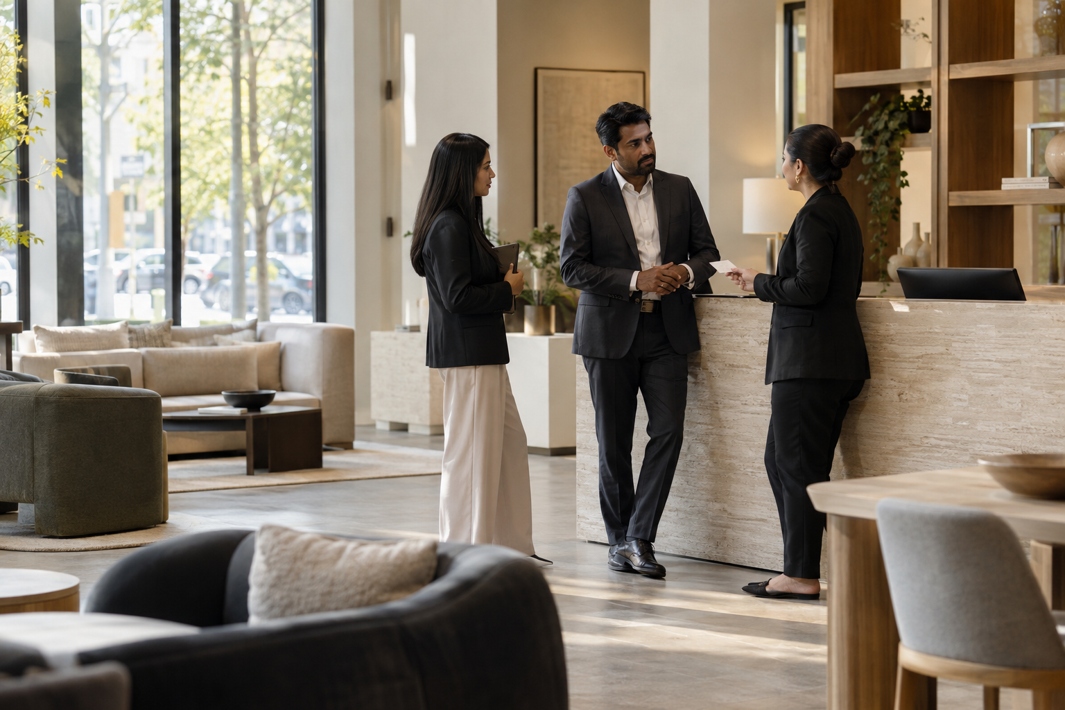 At a premium furniture showroom before opening, a South Asian floor manager and two colleagues in tailored business separates calmly discuss staffing coverage b