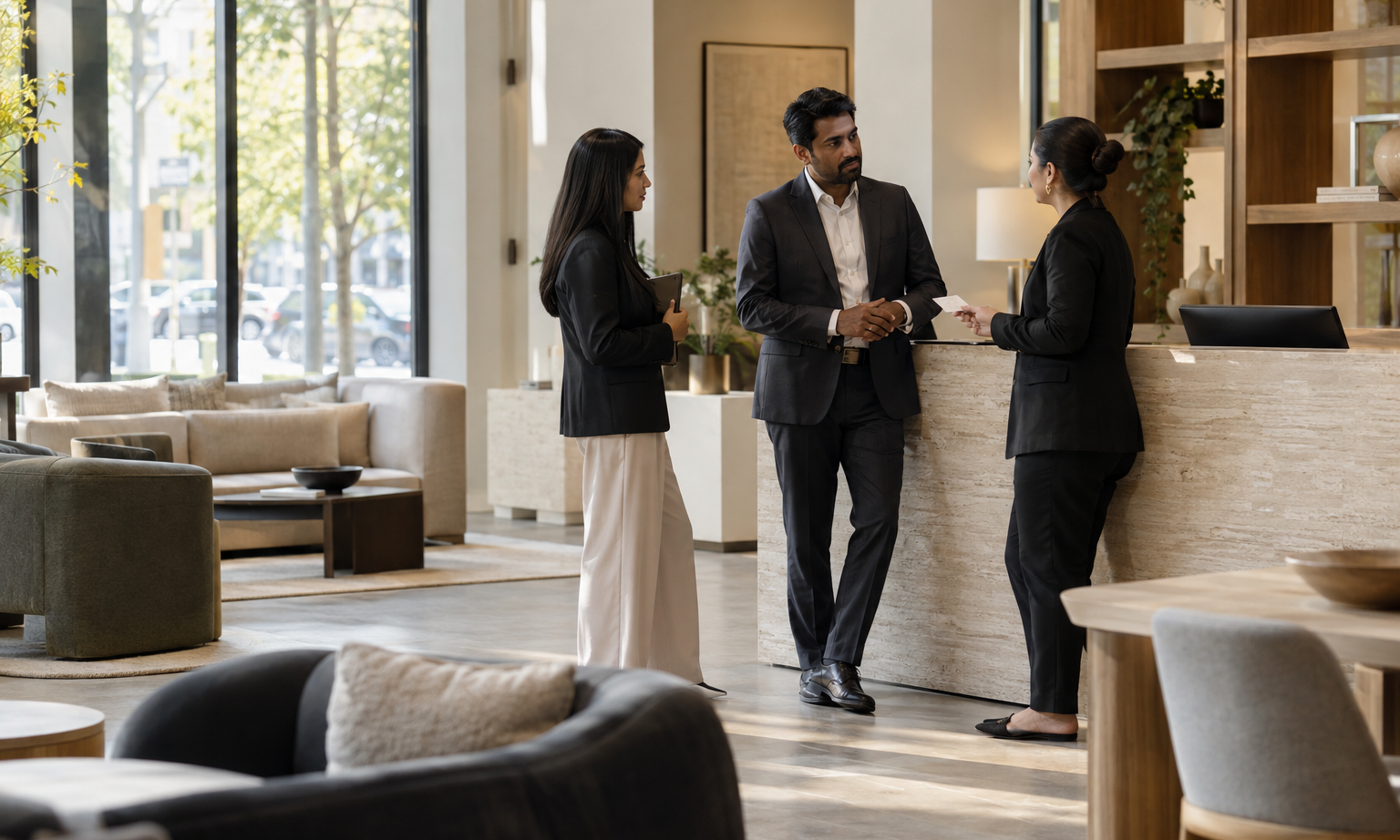 At a premium furniture showroom before opening, a South Asian floor manager and two colleagues in tailored business separates calmly discuss staffing coverage b