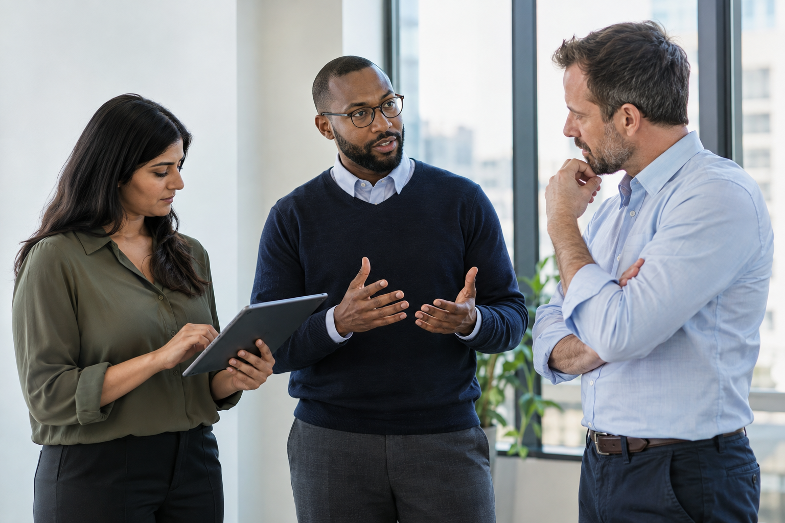 An operations lead, IT specialist and department manager use a tablet to assess automation readiness and prioritize improvements.