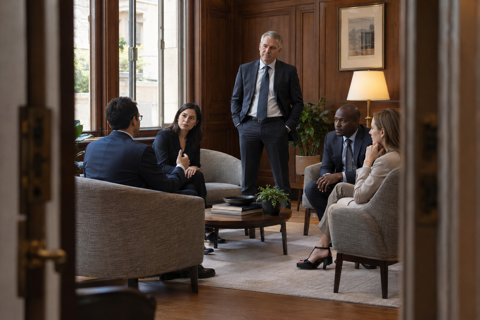 In a newly combined firm’s oak-paneled staff lounge, a senior manager listens as a seated employee asks a candid question, with four colleagues gathered informa