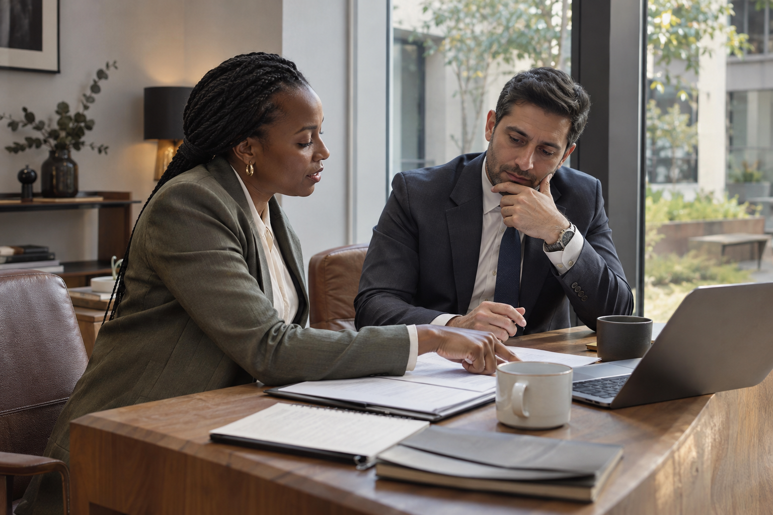 Inside a small hospitality company’s headquarters overlooking a courtyard, a Black female HR manager and a male finance lead compare shortlisted vendor proposal