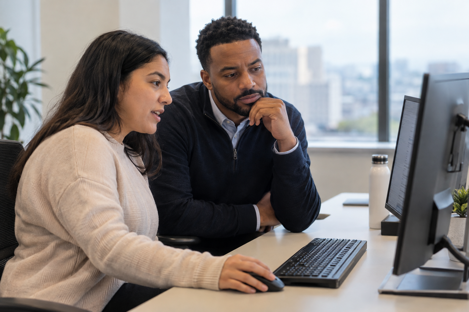 An administrative coordinator demonstrates a routine digital task to an operations lead assessing what to automate first.