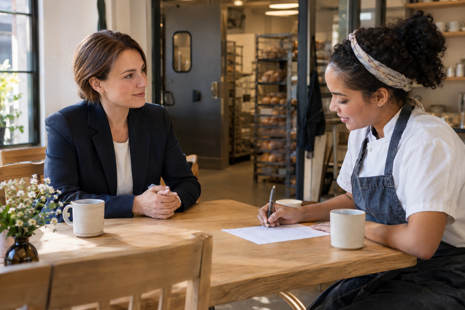 Inside a contemporary bakery’s quiet staff dining area, a shift supervisor in a tailored navy jacket listens as an employee in a clean work apron notes her avai