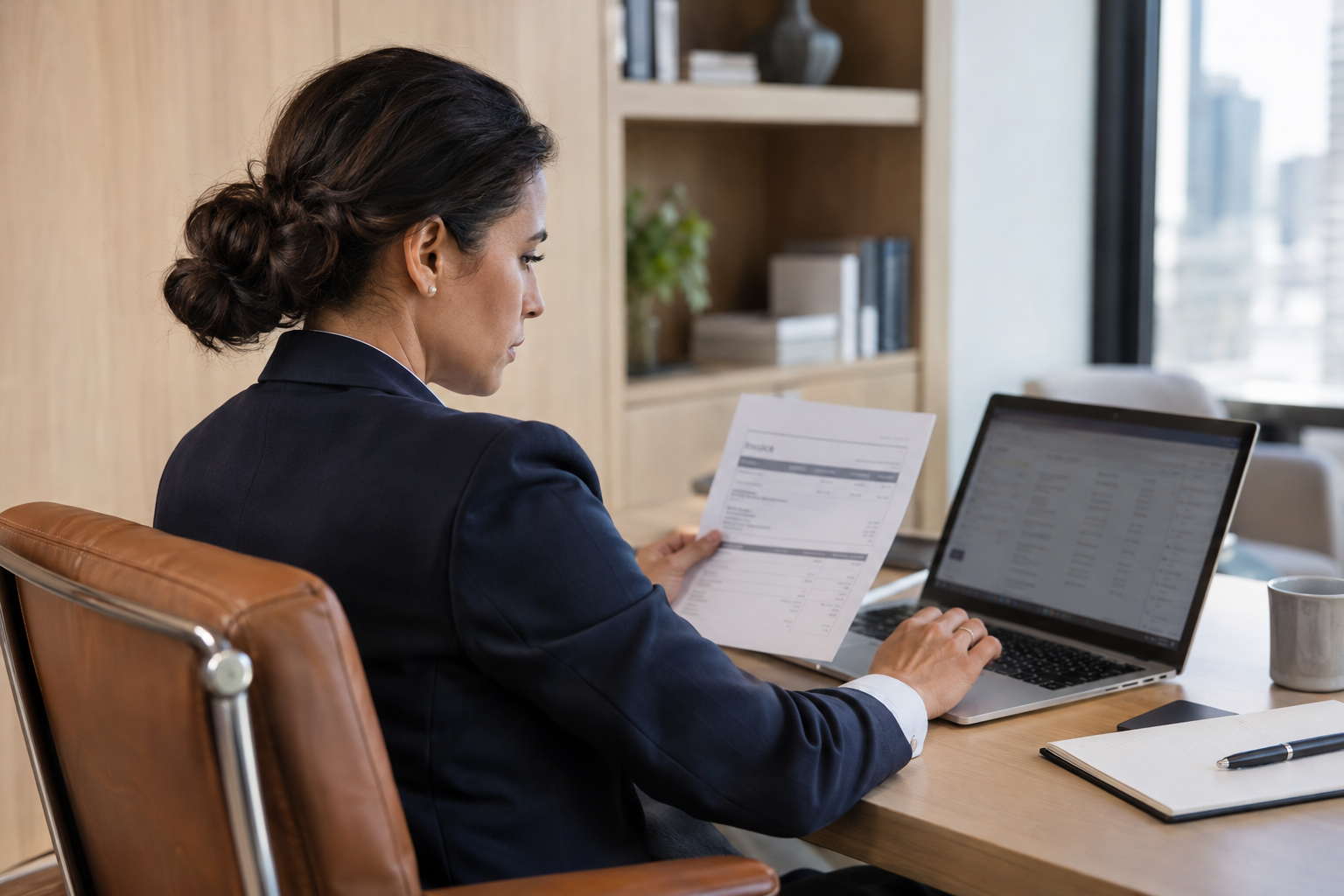 In a modern office with pale oak cabinetry, a finance manager in a tailored navy jacket reviews pending purchase requests on a laptop, pausing to compare one en