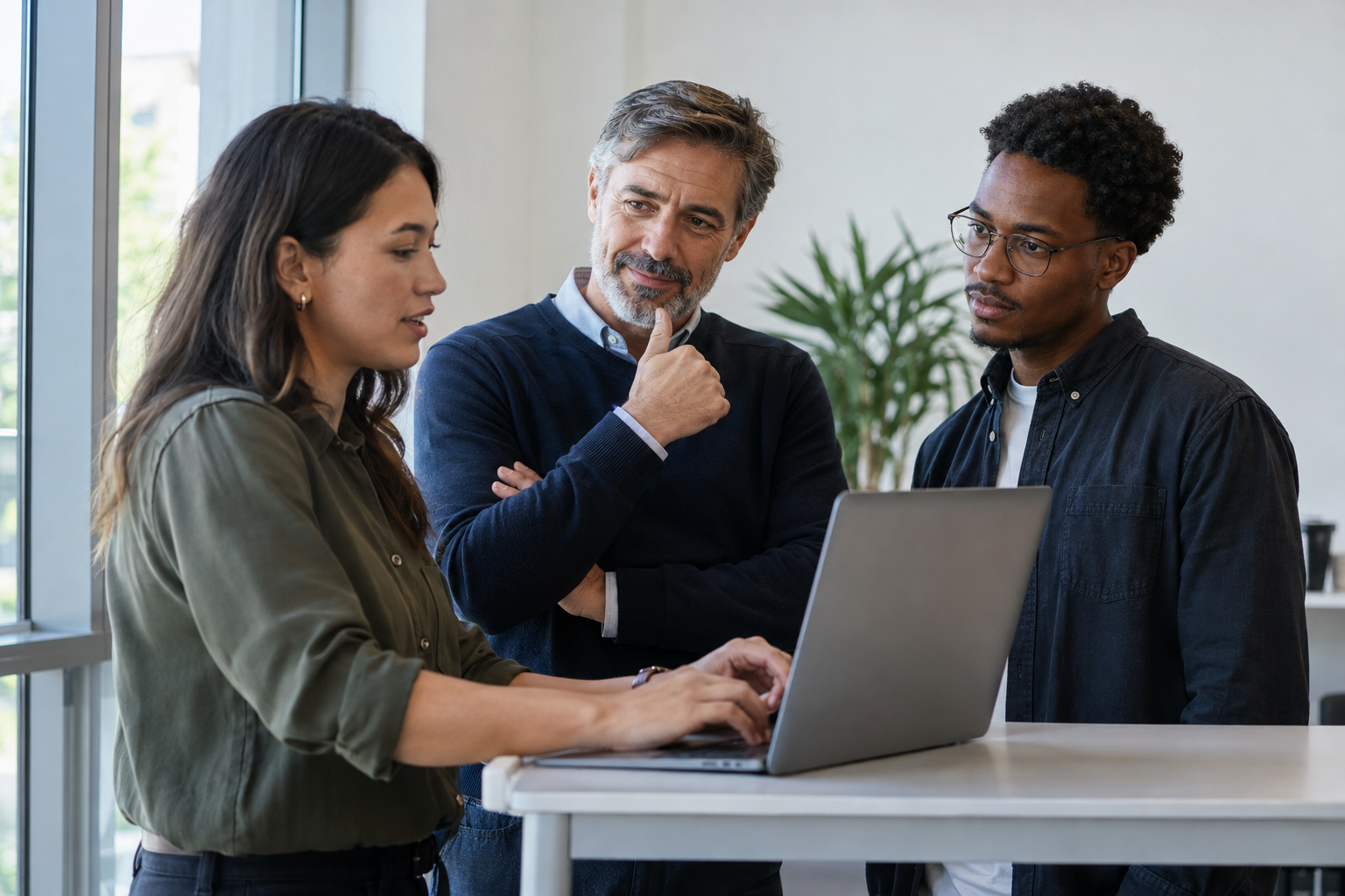 Three colleagues coordinate an AI-assisted workflow at a standing workstation, with a business owner giving approval beside a laptop.