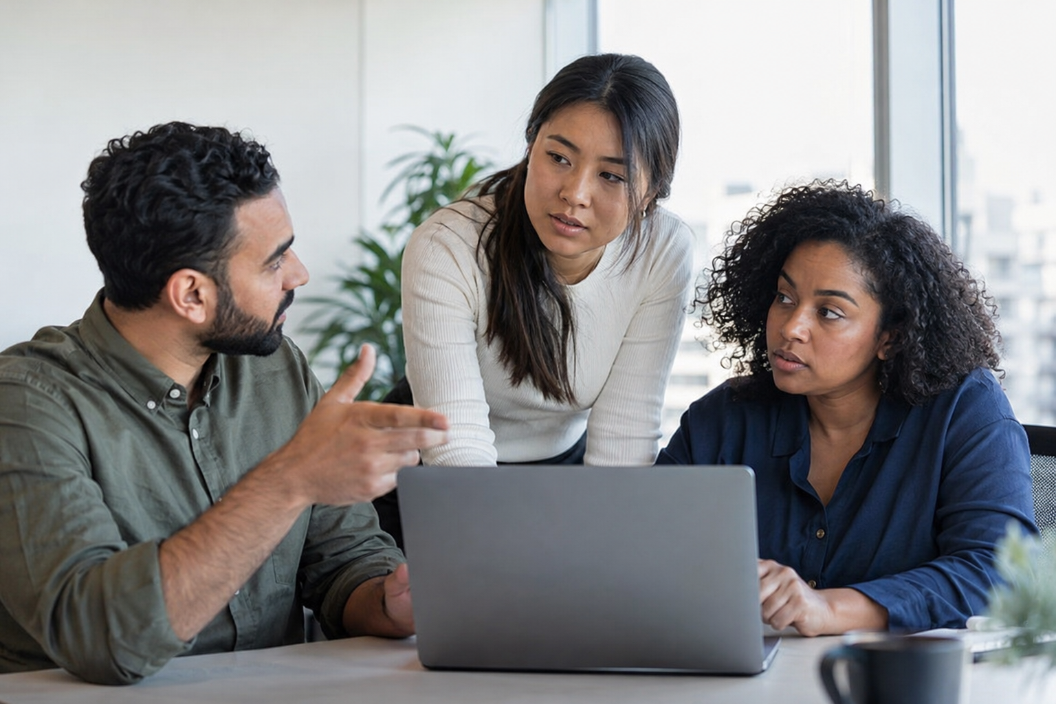 A project lead and two colleagues discuss task ownership and consultation beside a laptop at a workstation.