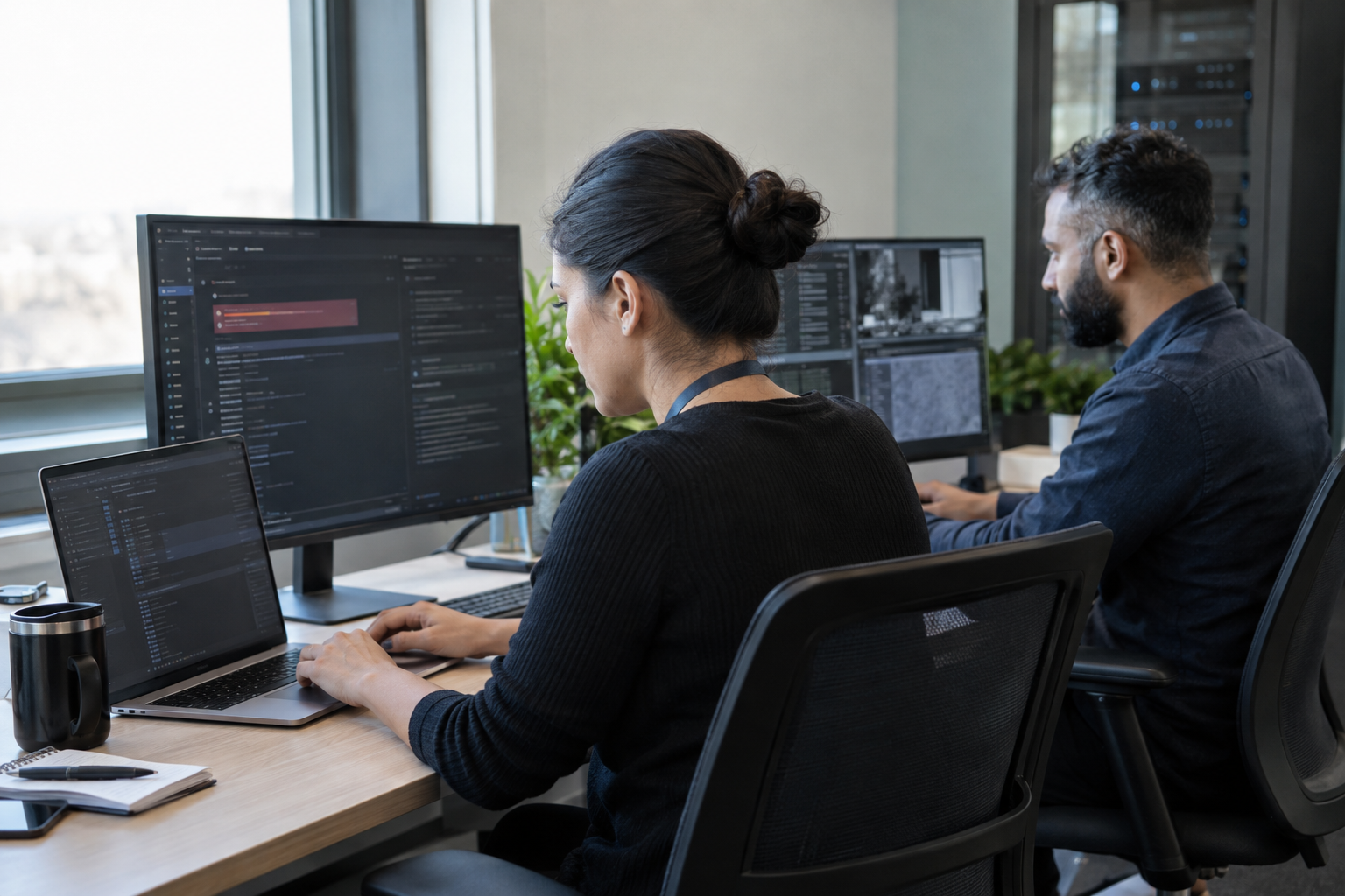 An identity administrator and security reviewer use adjacent computers to test AI agent credential revocation and check runtime evidence.