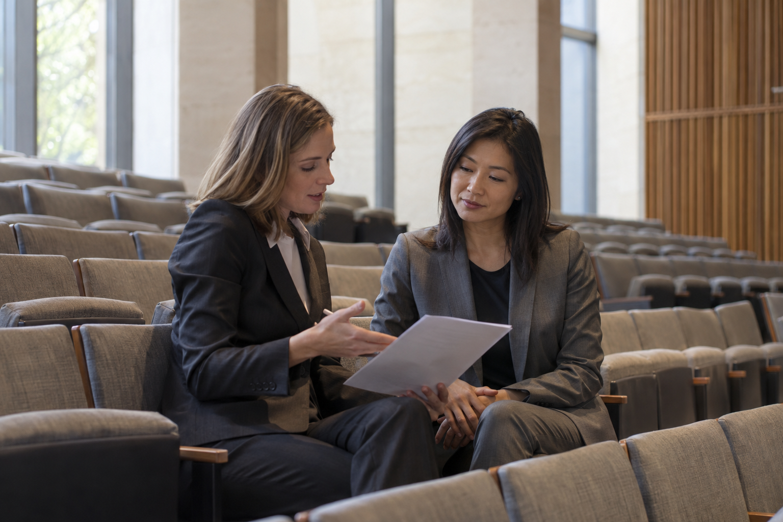 At a global company’s contemporary auditorium, a communications director and an East Asian HR lead quietly confer over a single printed announcement before empl