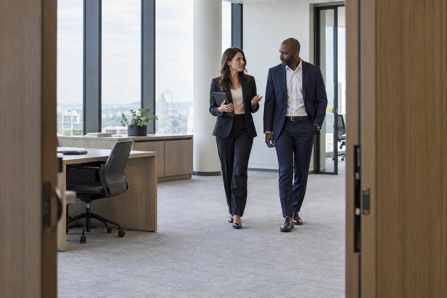 Inside a growing company’s newly expanded headquarters, an HR director and a finance lead discuss staffing needs while walking through an unoccupied office wing