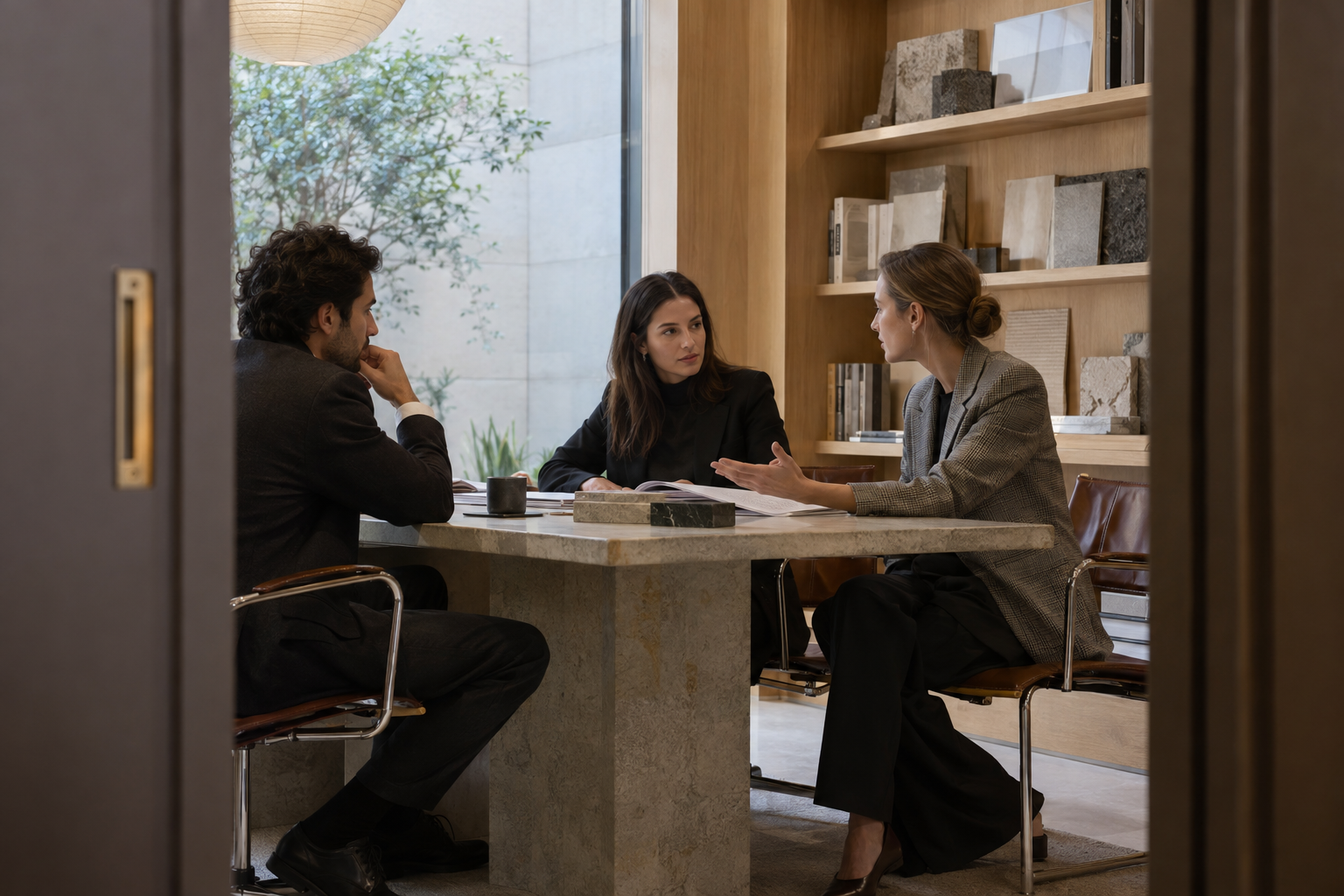 Inside a small architecture practice’s oak-lined project room, three colleagues in tailored business attire hold a brief monthly review around a limestone table