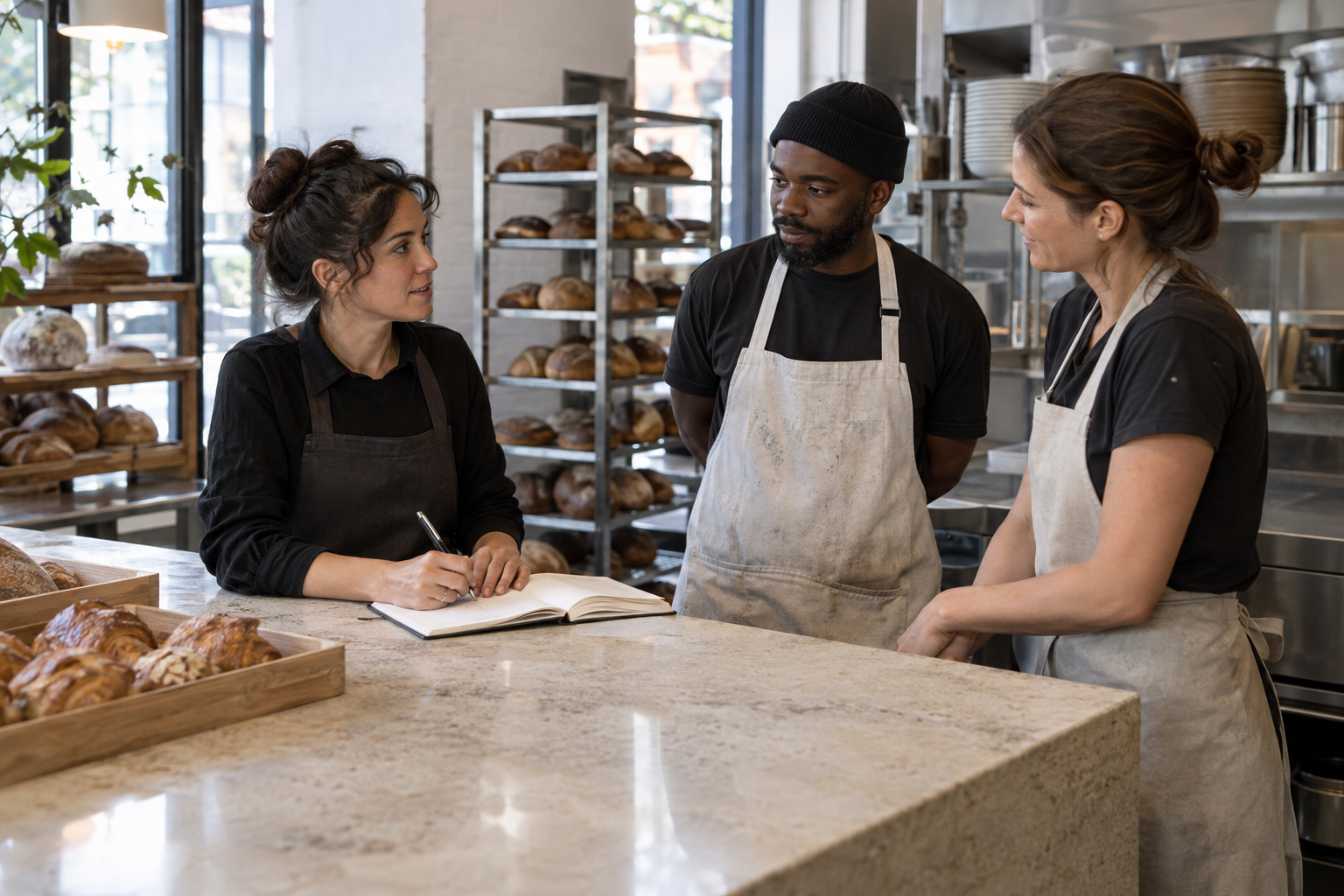 At a modern neighborhood bakery’s limestone service counter before opening, two apron-clad employees discuss a shift exchange with their manager, who makes a br