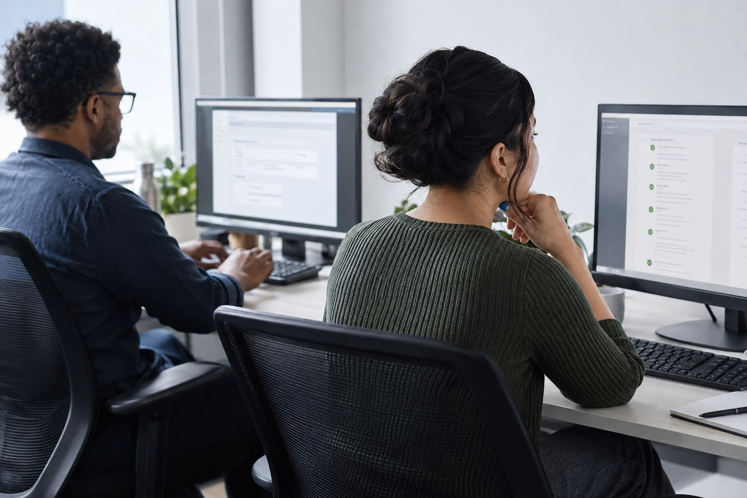 Two client-services colleagues at desktop computers, one entering a request and the other reviewing a completed digital case.